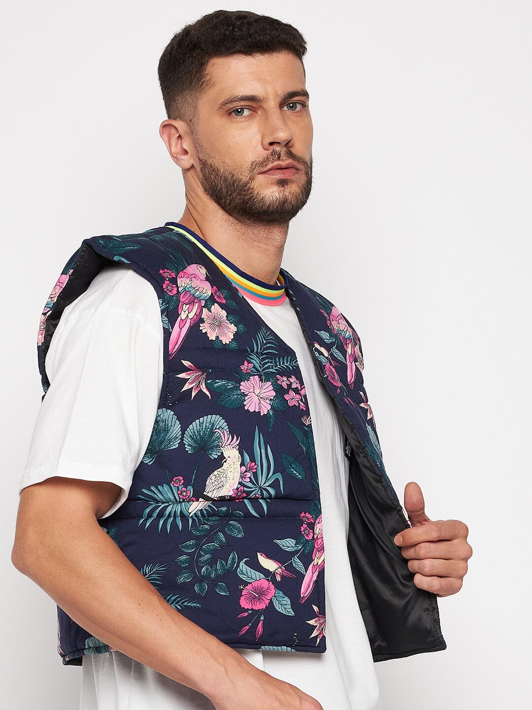 Navy Floral Print Sleeveless Puffer Jacket