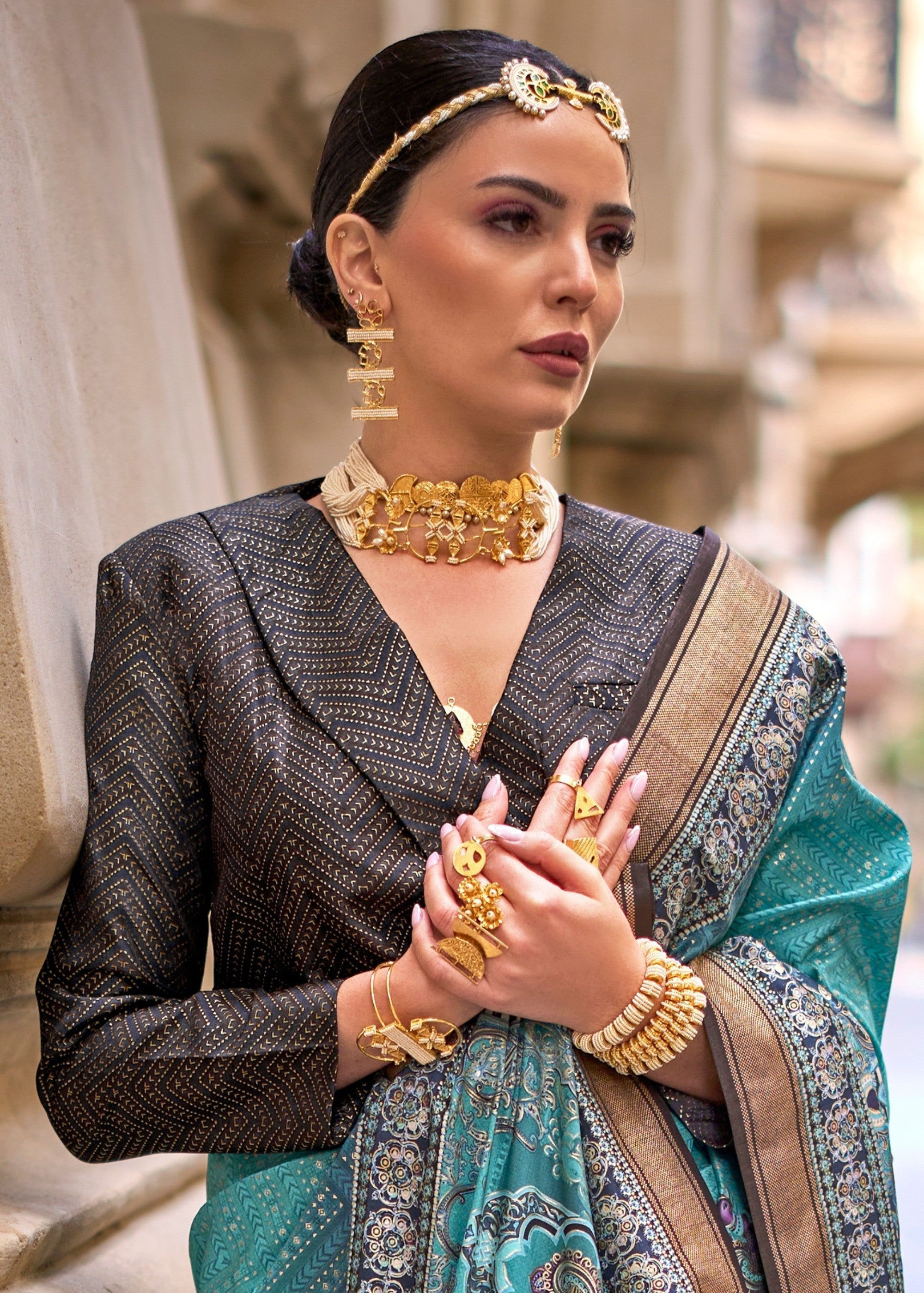 Sapphire Blue Poly Viscose Silk Saree With Foil Print - qivii