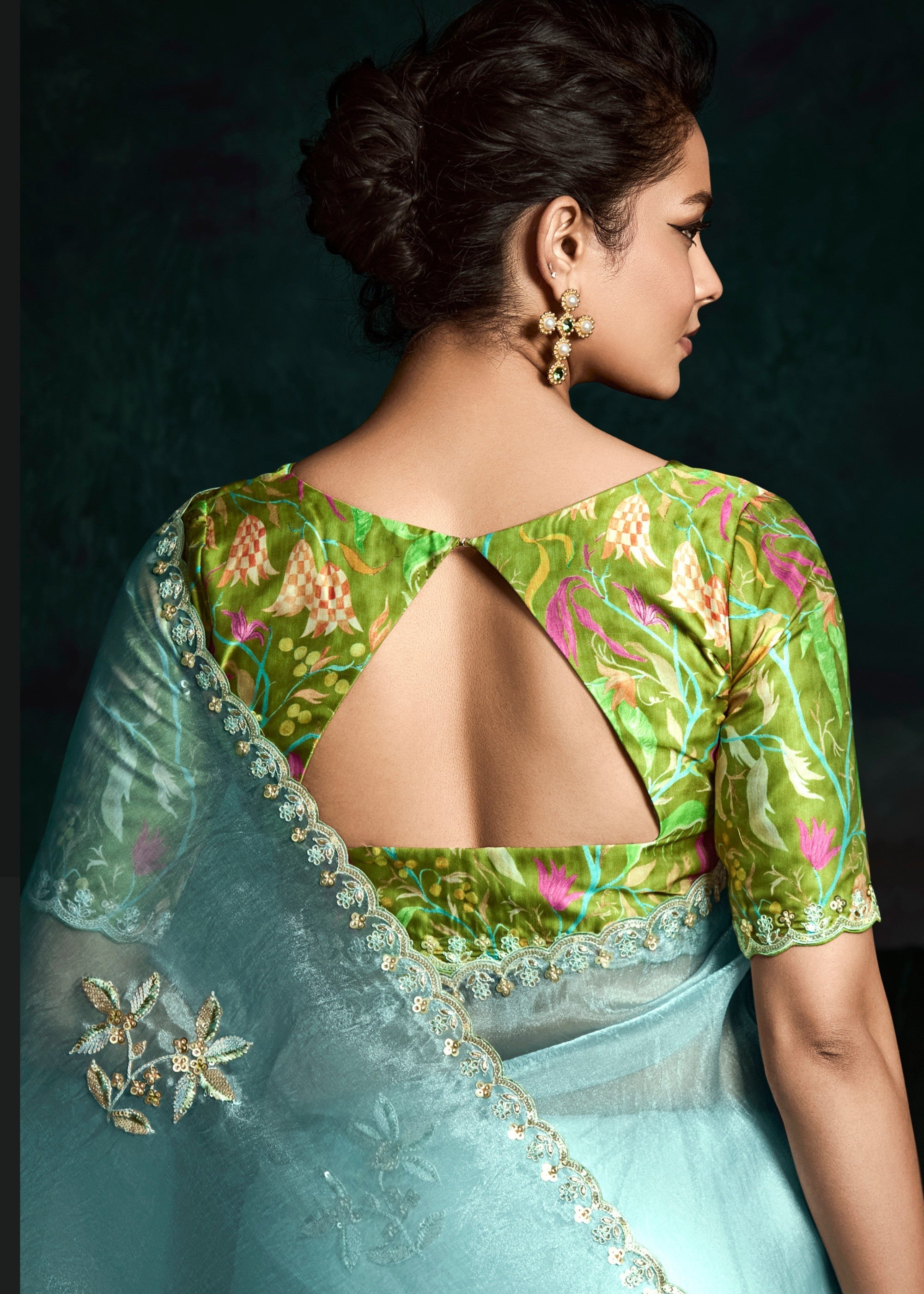 Aqua Blue Fancy Fabric Silk Saree With Sequins And Thread Embroidered Butti Work - qivii