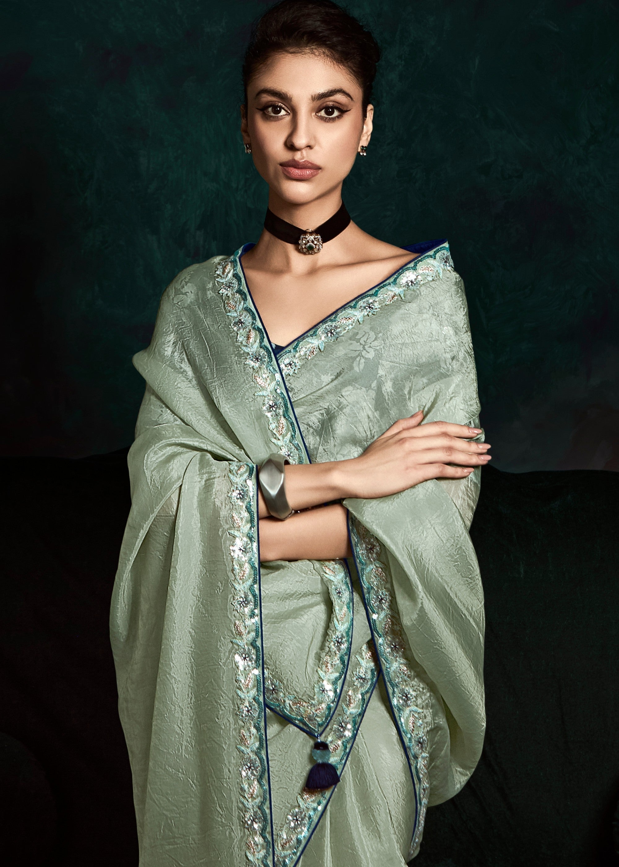 Tea Green Fancy Fabric Silk Saree With Sequins And Thread Embroidered Butti Work - qivii