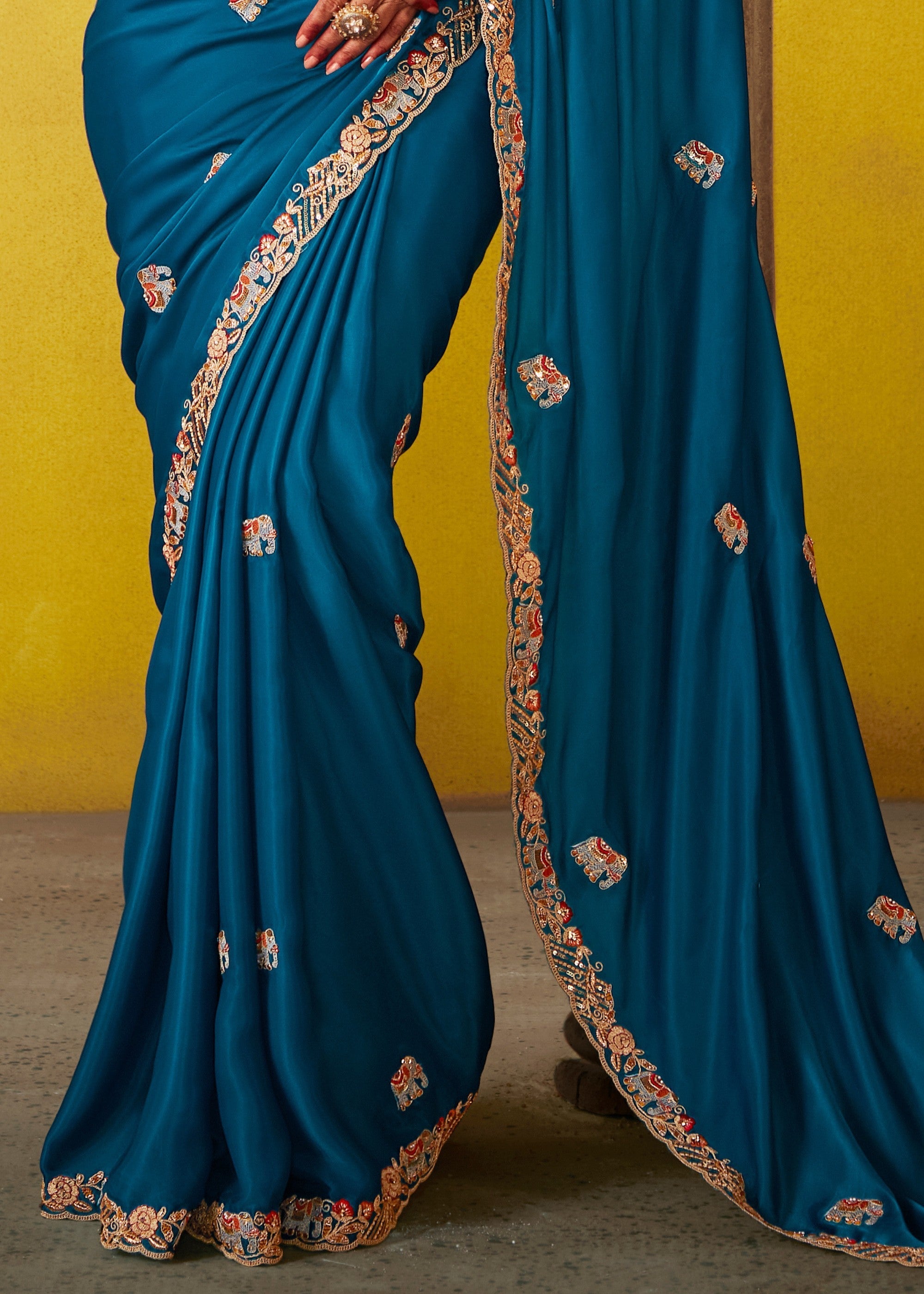 Teal Blue Glass Tissue Silk Saree With Sequins And Thread Embroidered Work - qivii