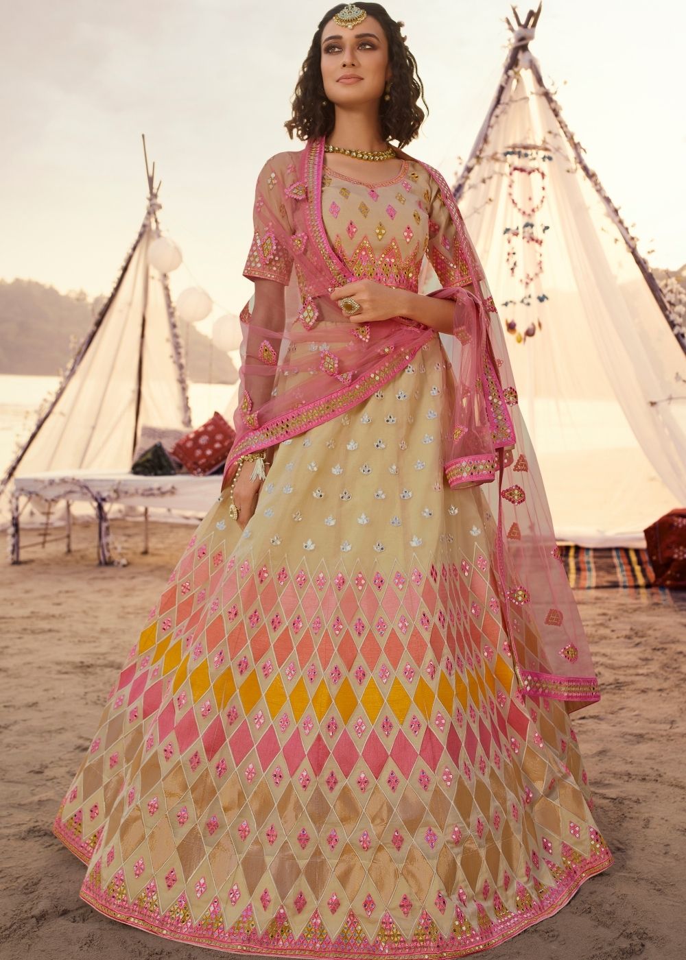 Beige Organza Lehenga Choli with Thread, Foli and Mirror work | Ready To Wear - qivii