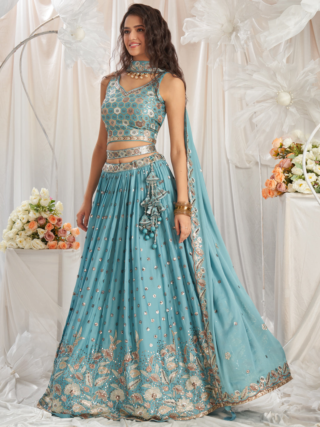 Turquoise Blue - Golden Dull-Bright Sequin,Golden-Sliver Threaded Embroidered Georgette Semi-Stitched Lehenga choli - qivii