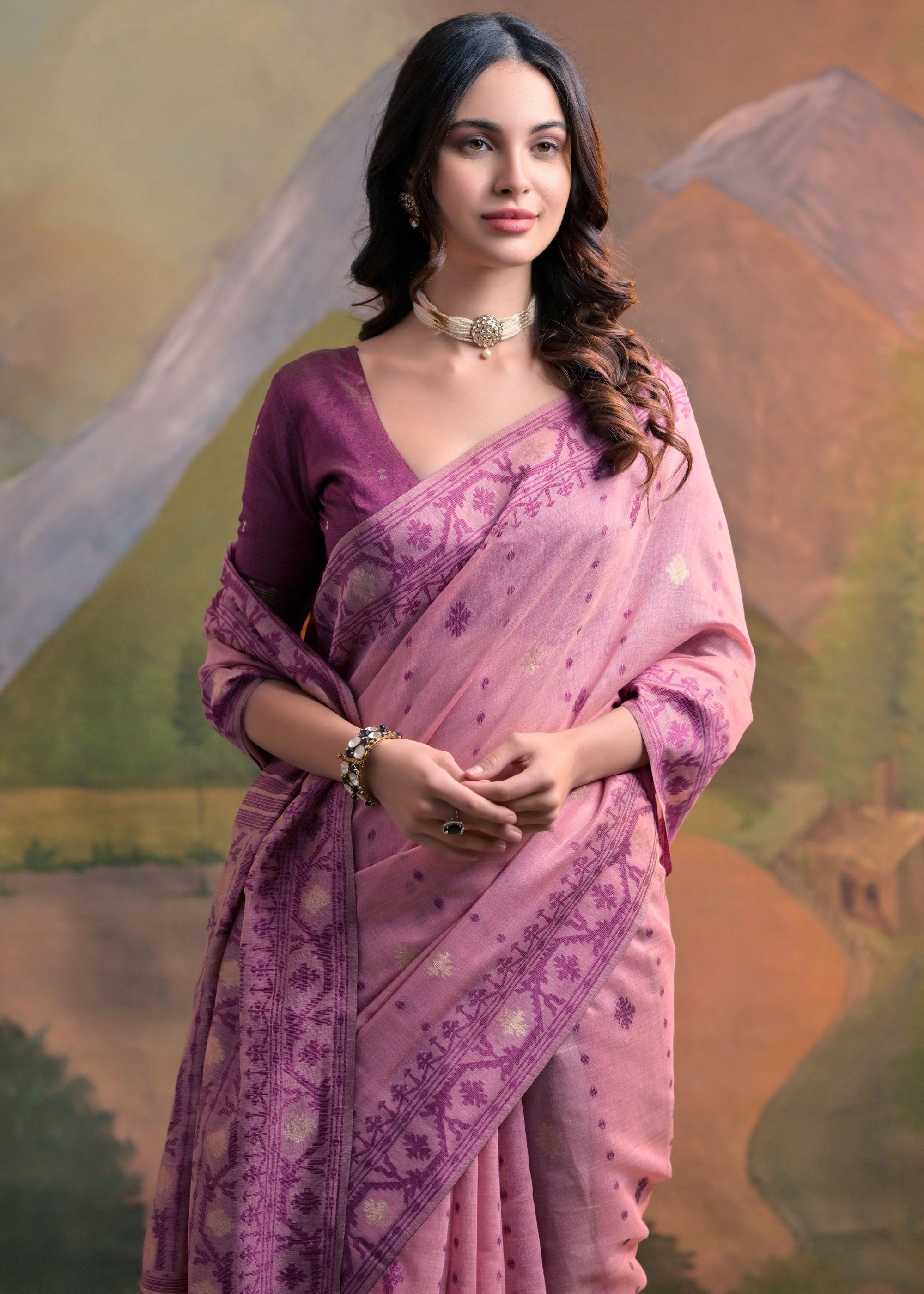 Blush Pink Thread Woven Cotton Saree With All Over Butti - qivii