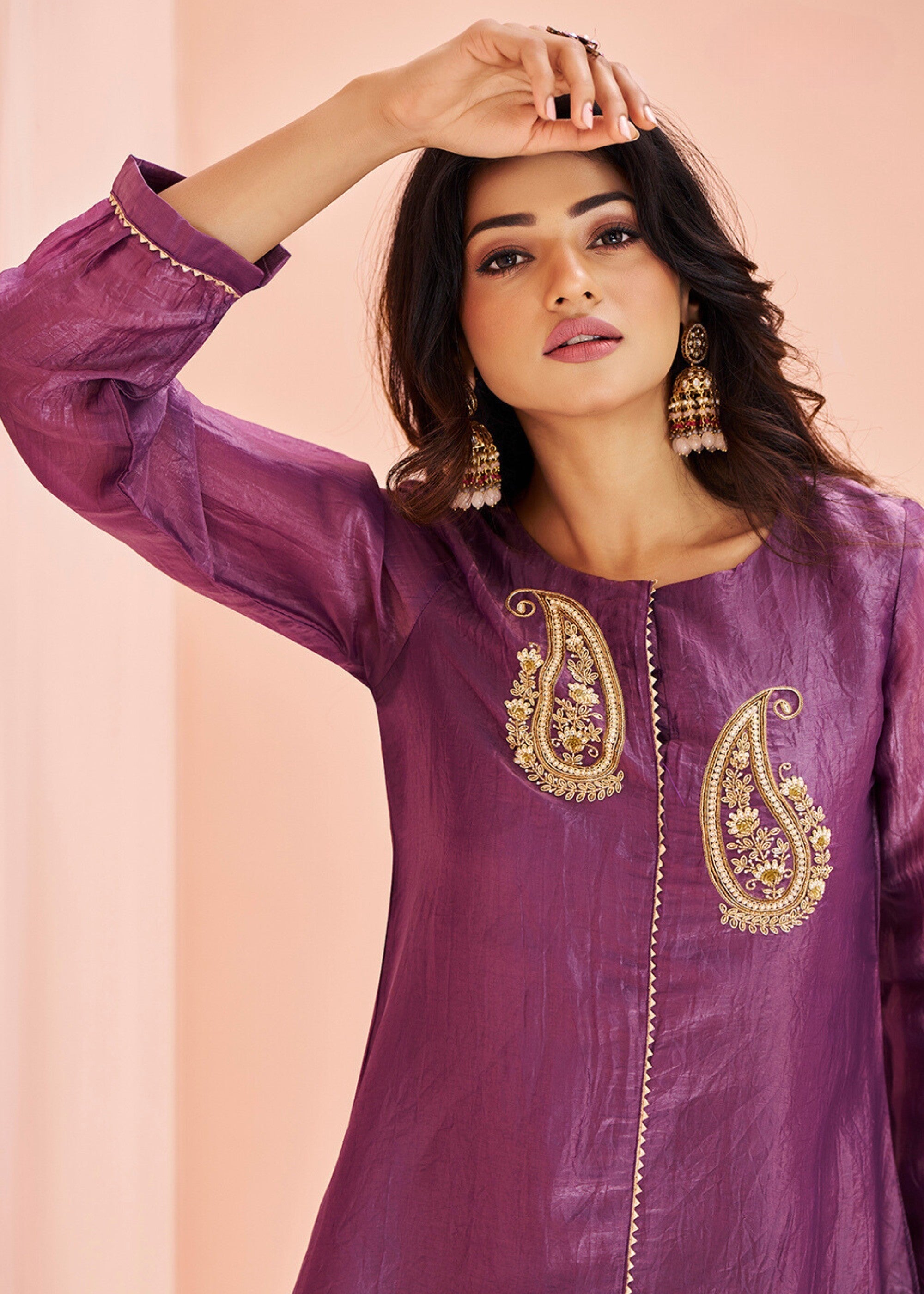Purple Organza Handwork Kurta with Pant - qivii