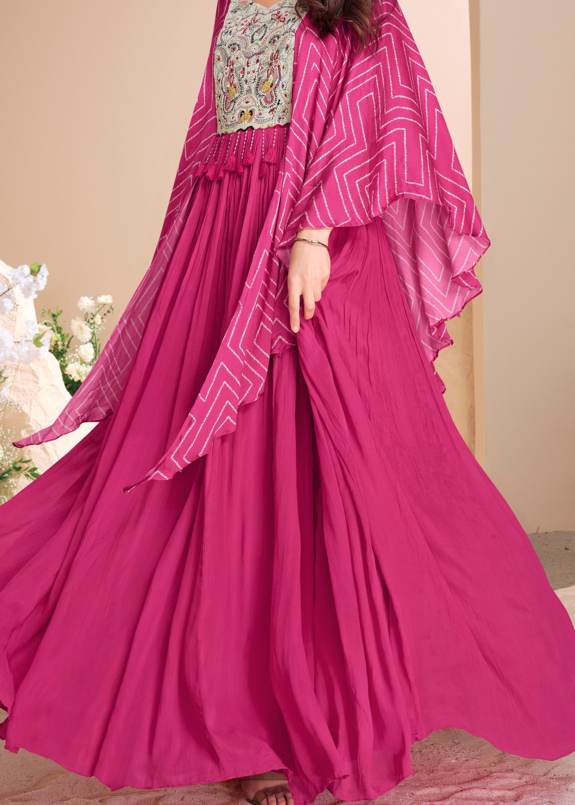 Bright Pink Moti Embroidered Chinon Silk Gown With Digital Sleeves - qivii