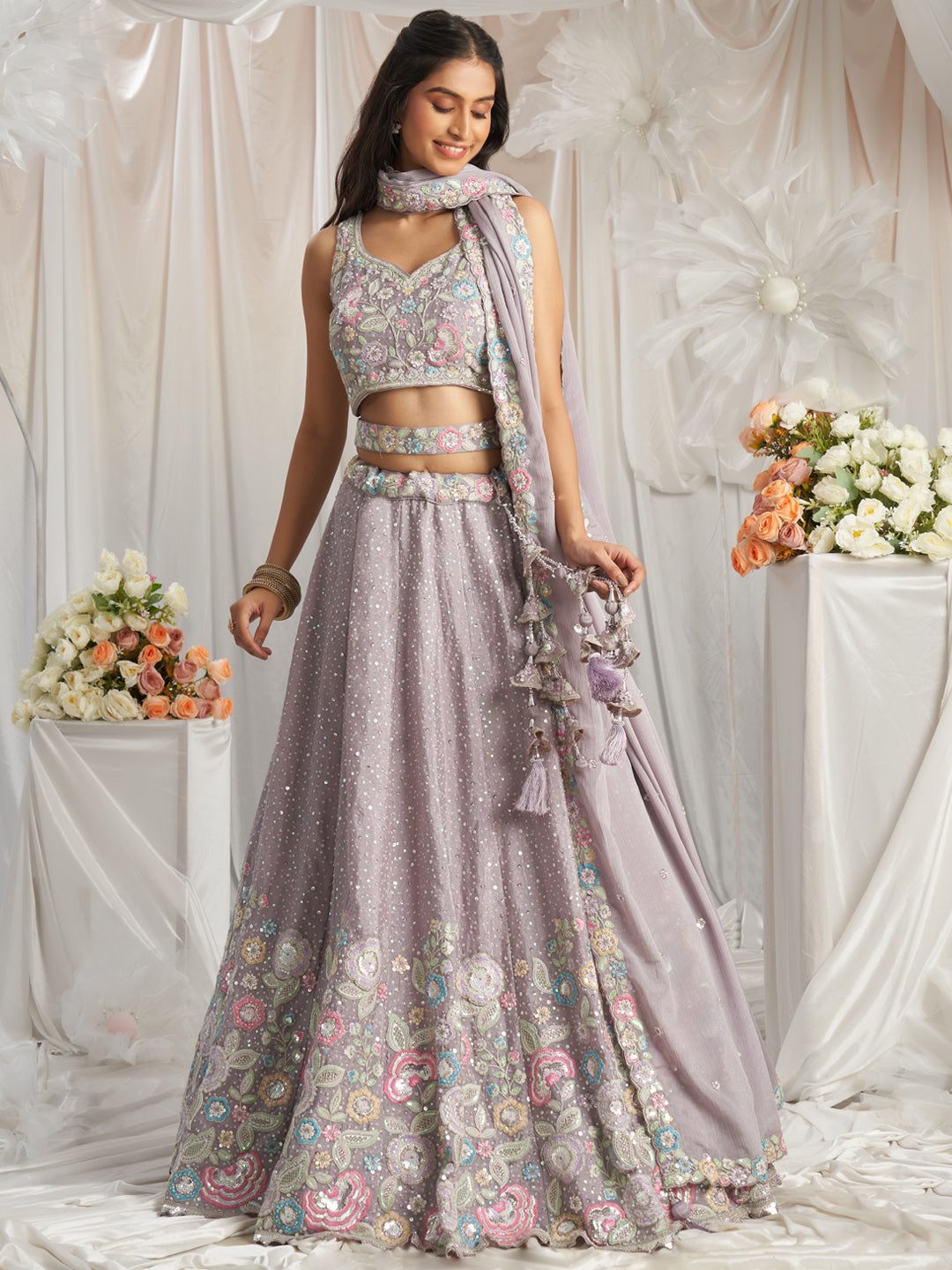 Lavender - Multi-Color Thread,Sequin Heavy Embroidered Pastel Color Chiffon Semi-Stitched Lehenga - qivii
