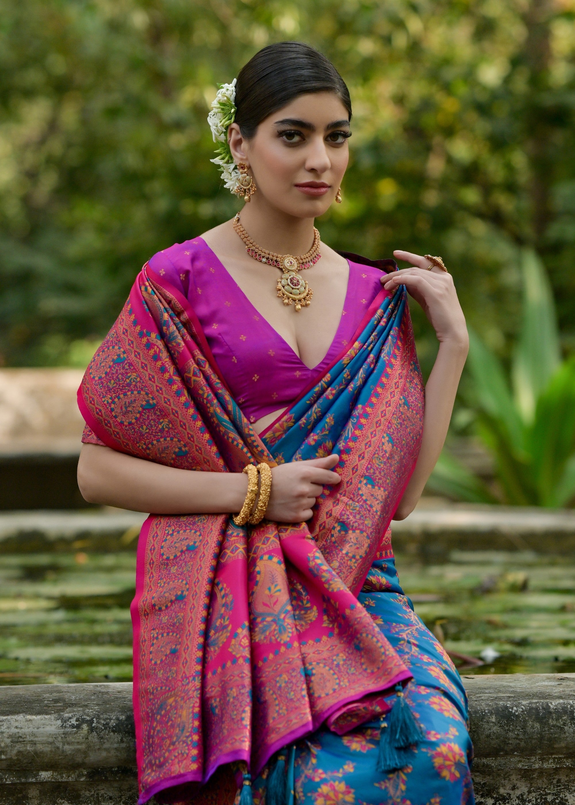 Aegean Blue Thread Woven Pashmina Silk Saree With Heavy Thread Woven Pallu - qivii