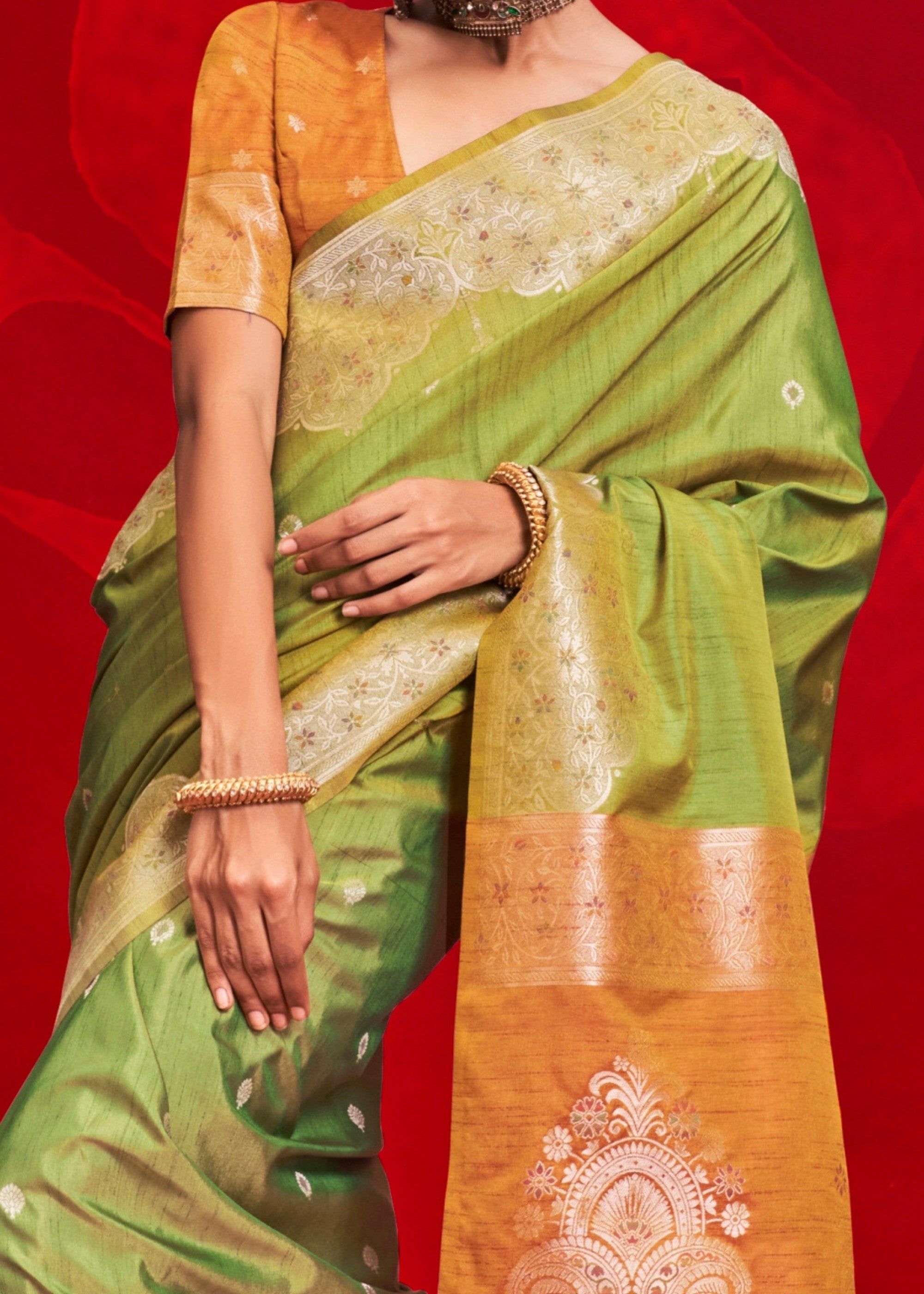 Green Tussar Silk Handloom Weaving Saree with Contrast Ikkat Pallu - qivii