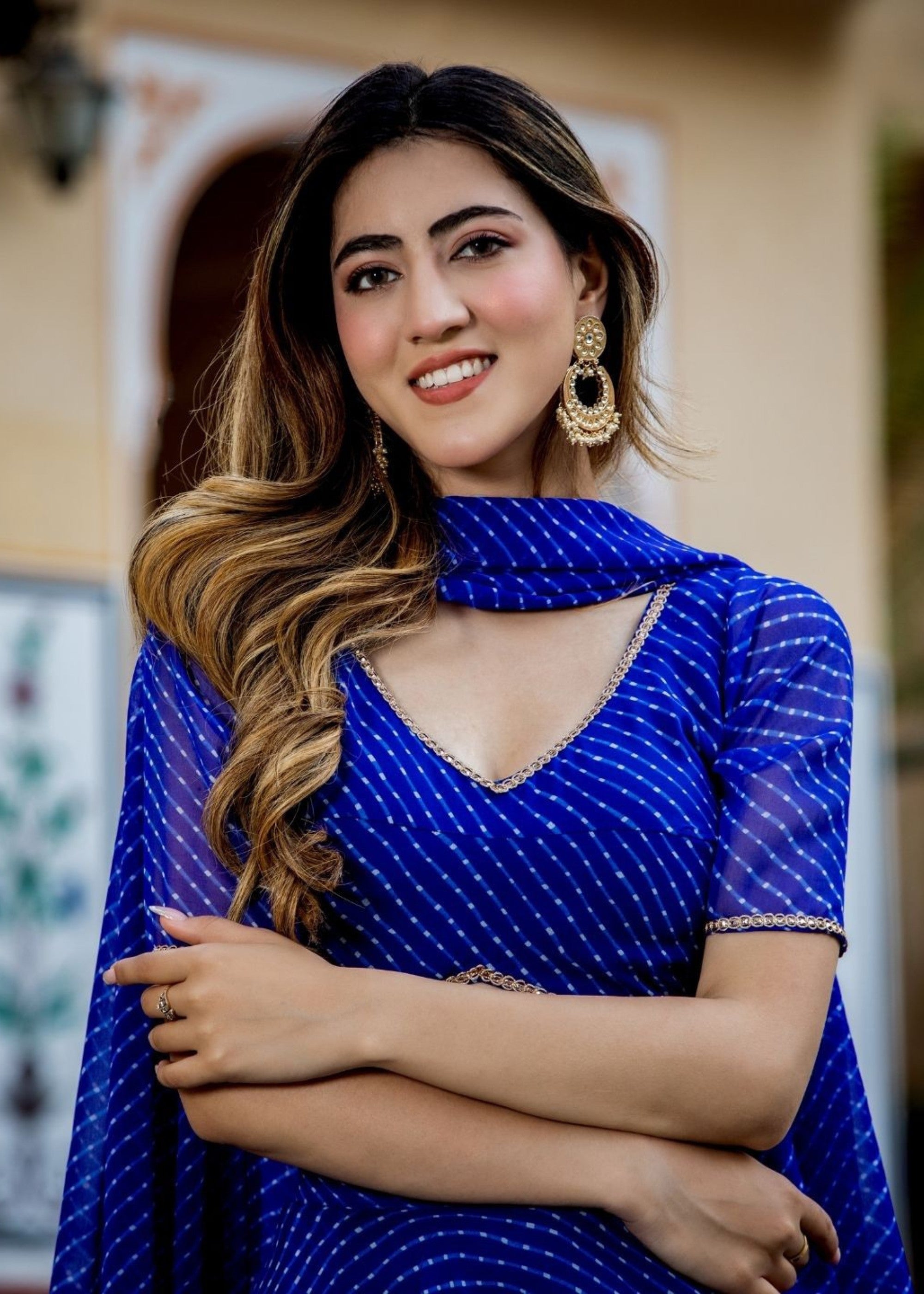 Azure Blue Georgette Leheriya Print Lehenga With Zari And Lace Work | Ready To Wear - qivii