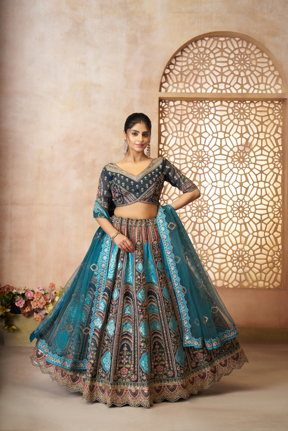 Blue Aari Embroidered Banarasi Lehenga for Brides - qivii