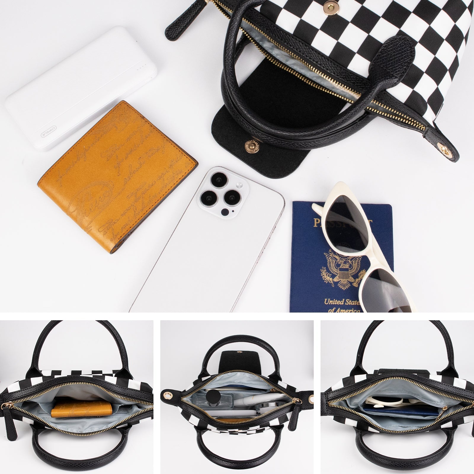 Ounamei Mini Checkered Nylon Crossbody Bag | Small Size Large Capacity 3-Way Carry Lightweight Tote