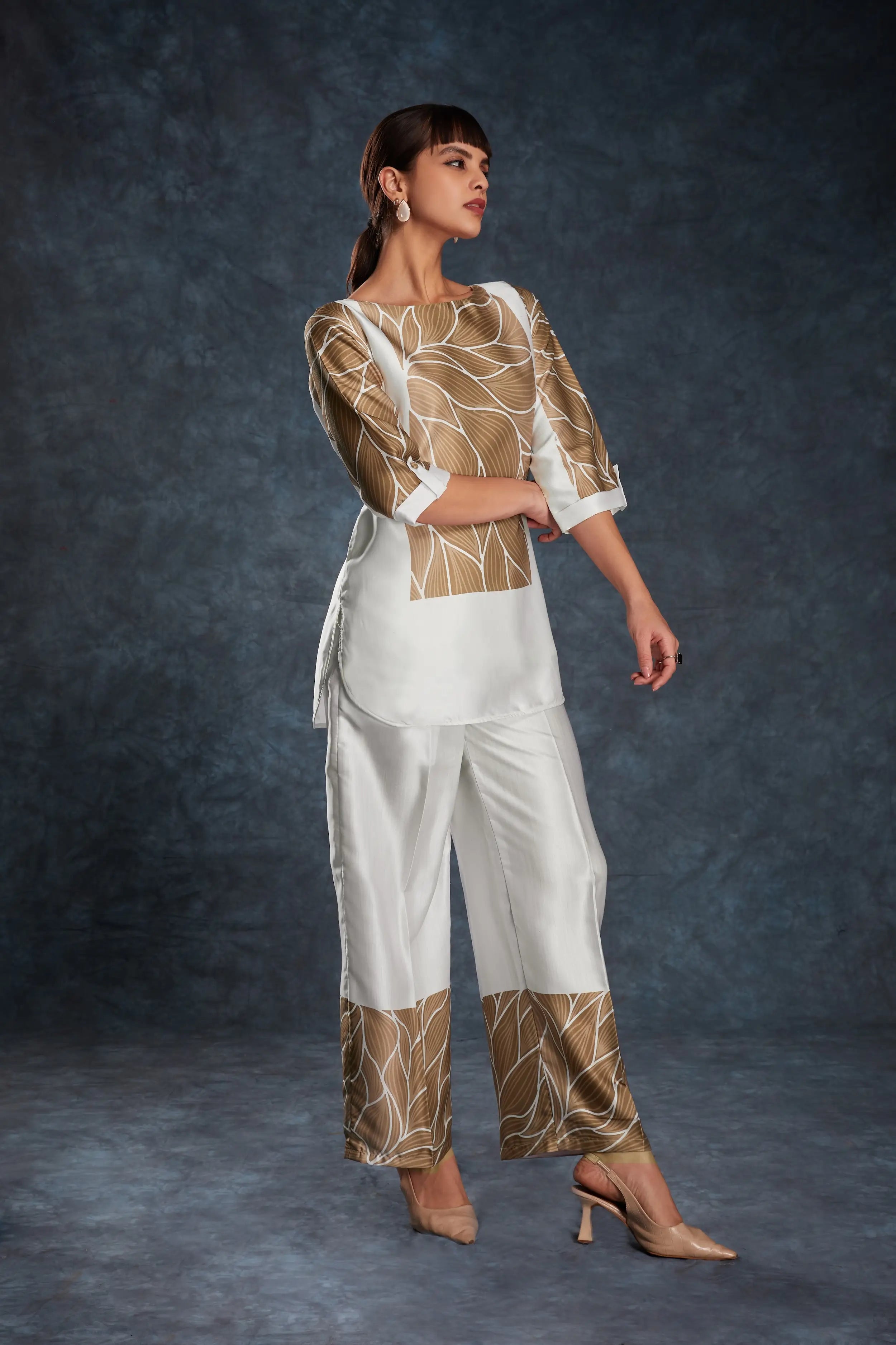 White Printed Satin Co-ord Set