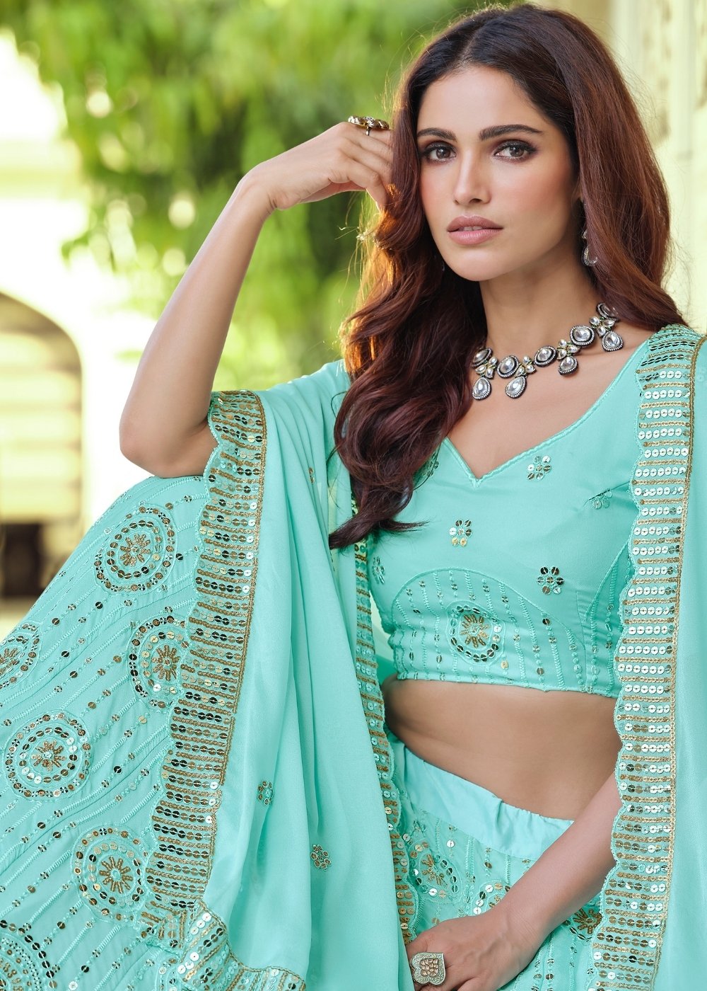 Arctic Blue Georgette Lehenga Choli with Sequins & Thread work | Ready To Wear - qivii