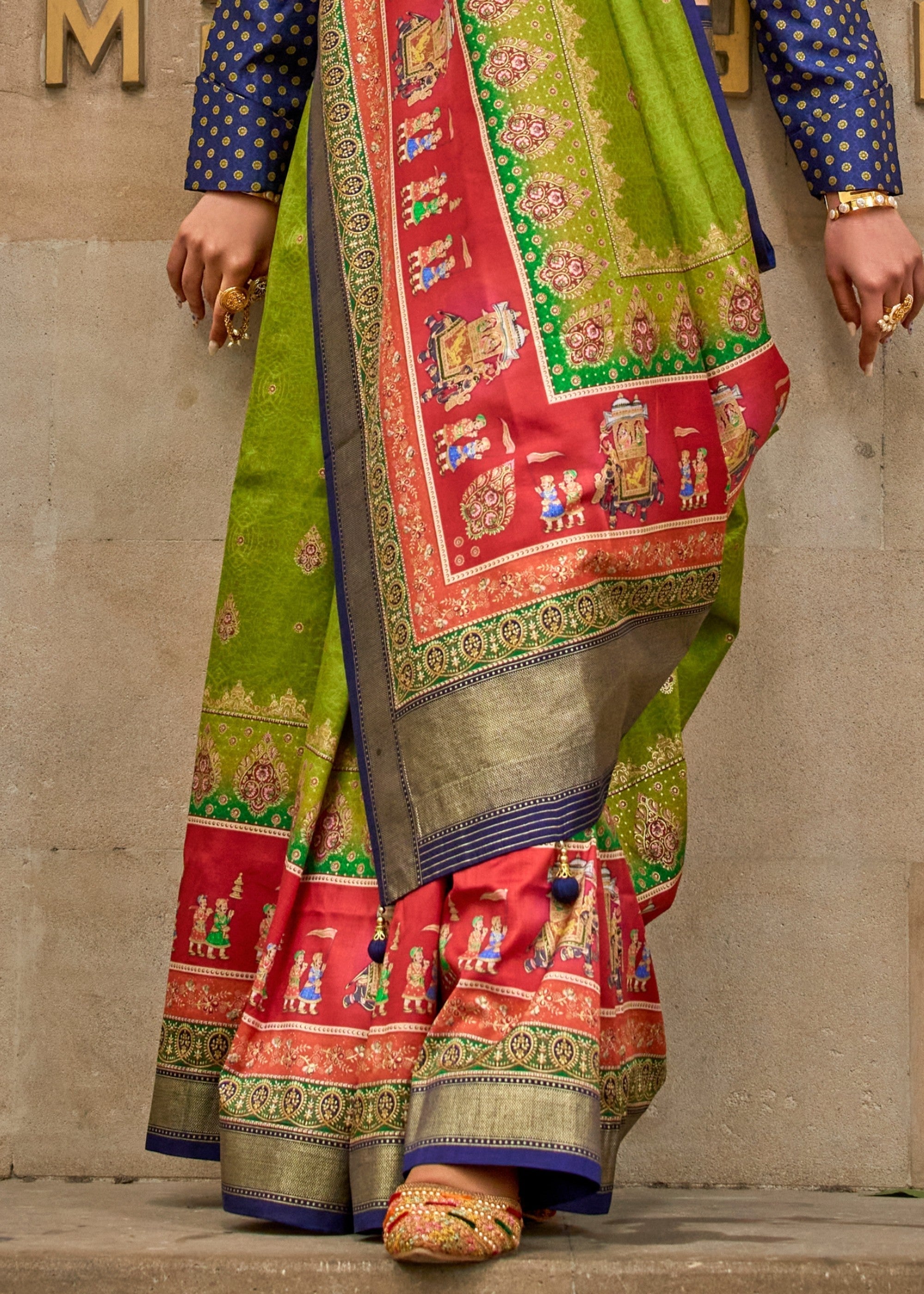 Chartreuse Green Poly Viscose Silk Saree With Foil Print - qivii
