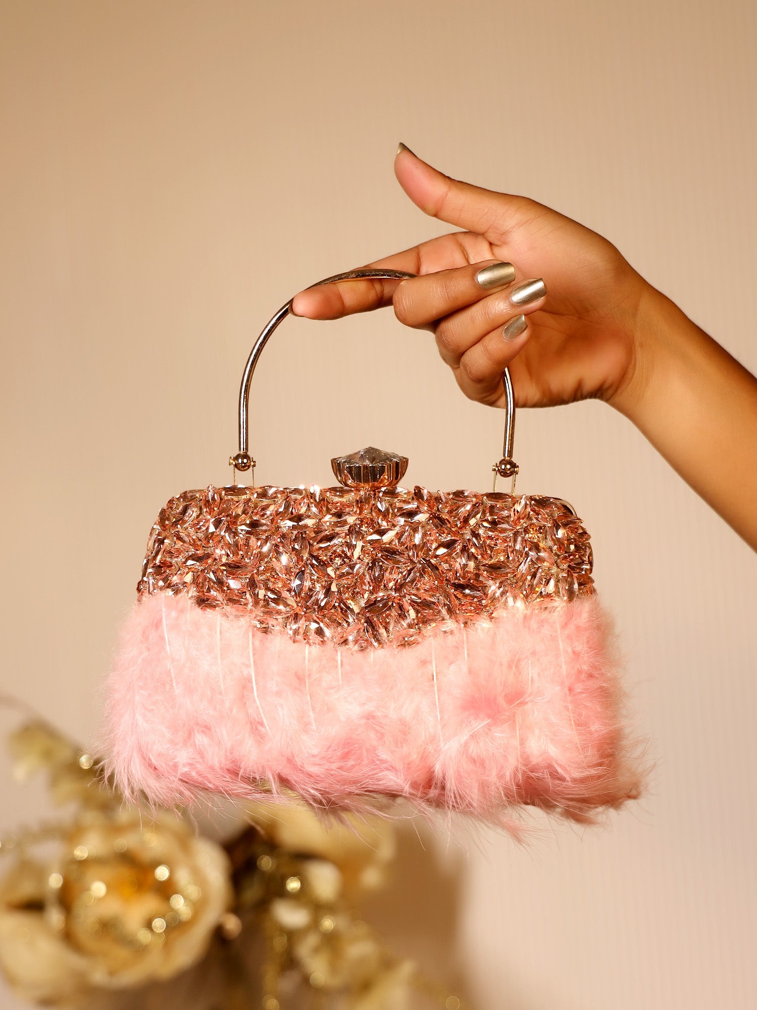 Jenisha Pink Feather Evening Clutch