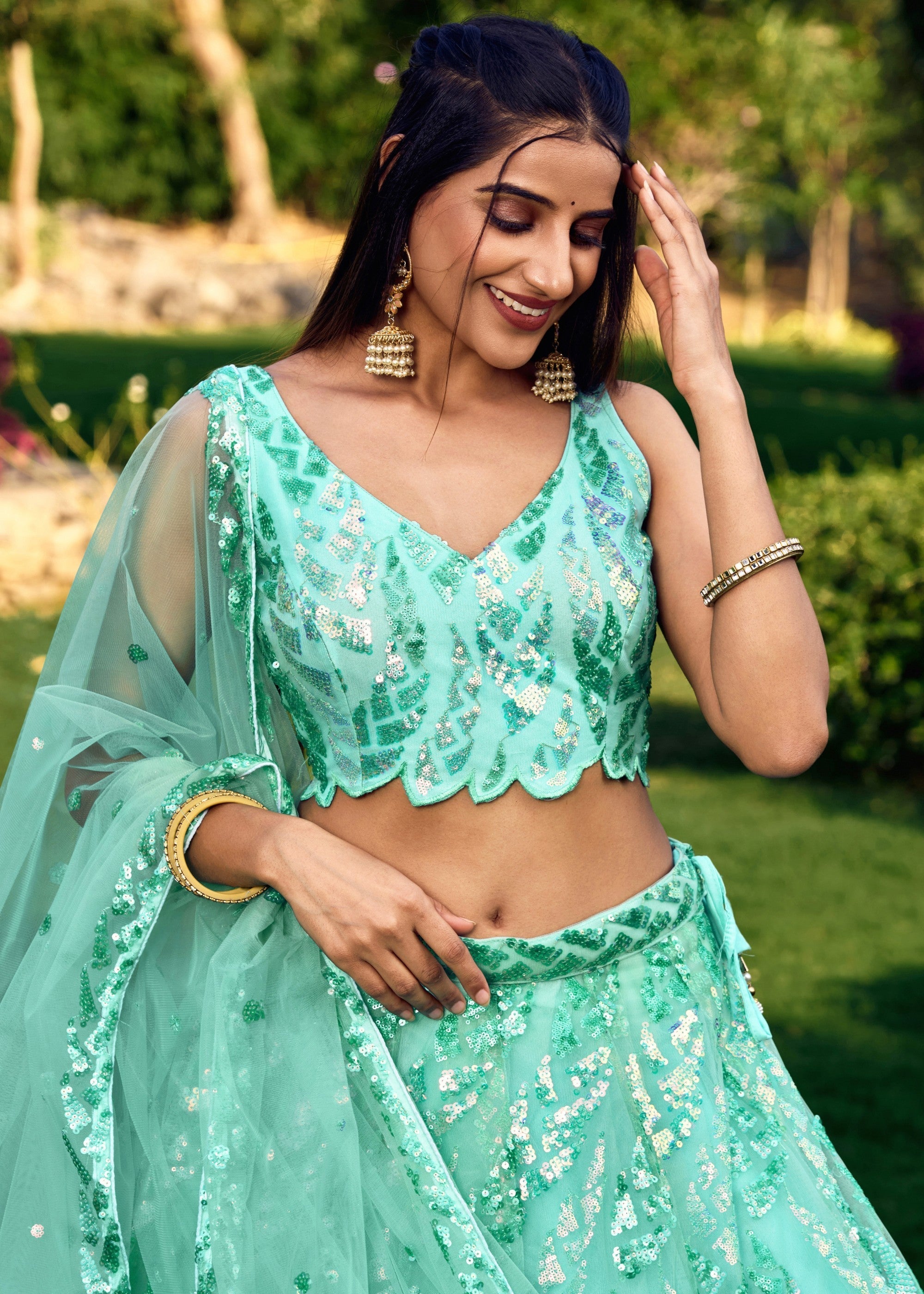 Aqua Blue Net Lehenga Choli With Multiple Sequins And Thread Embroidery Work | Ready To Wear - qivii