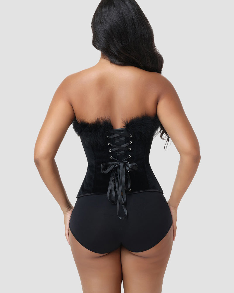 Black Velvet Feather Trim Strapless Corset Top with Lace Up Back