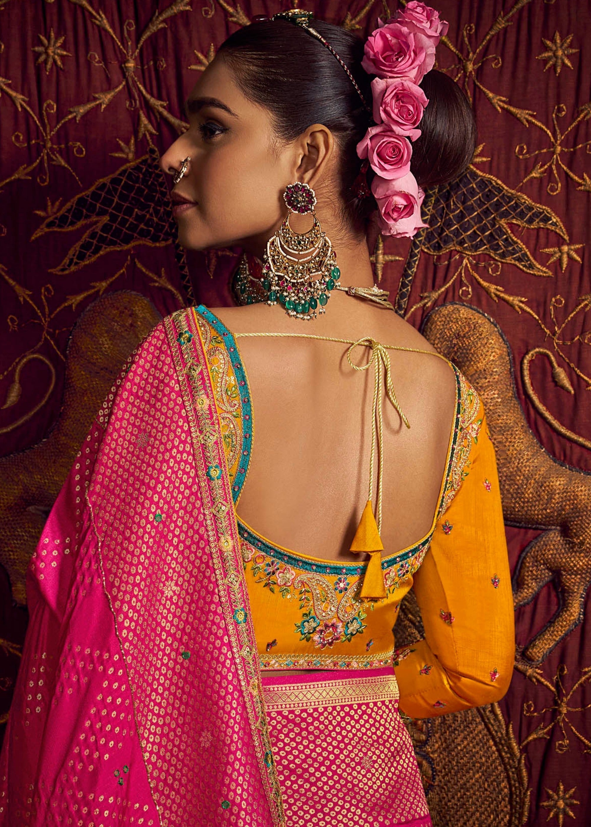 Brink Pink Pure Viscose Dola Silk Saree With Handwork On Blouse And Pallu - qivii