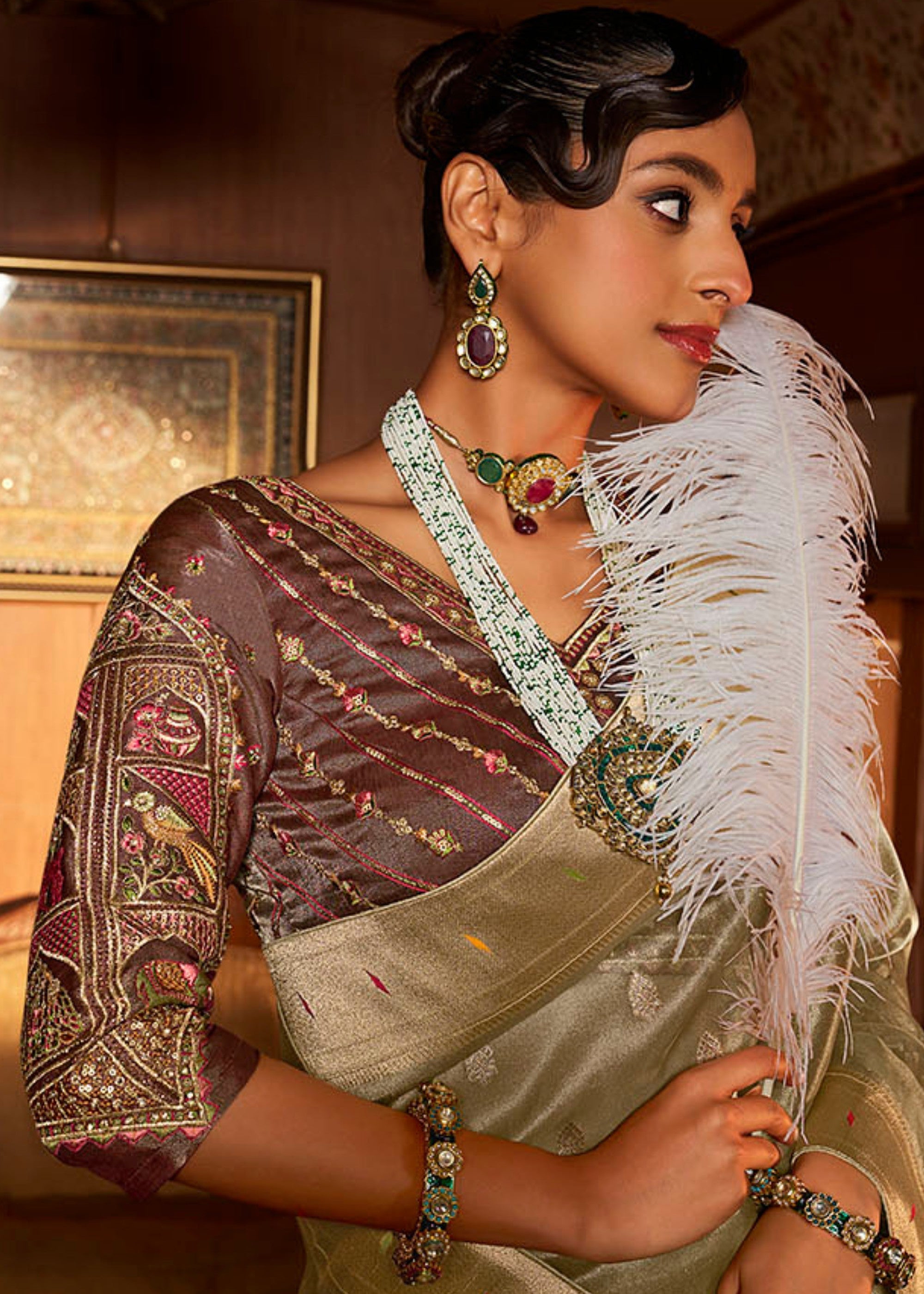 Basil Green Pure Tissue Paithani Silk Saree with Heavy Designer Embroidered Blouse - qivii