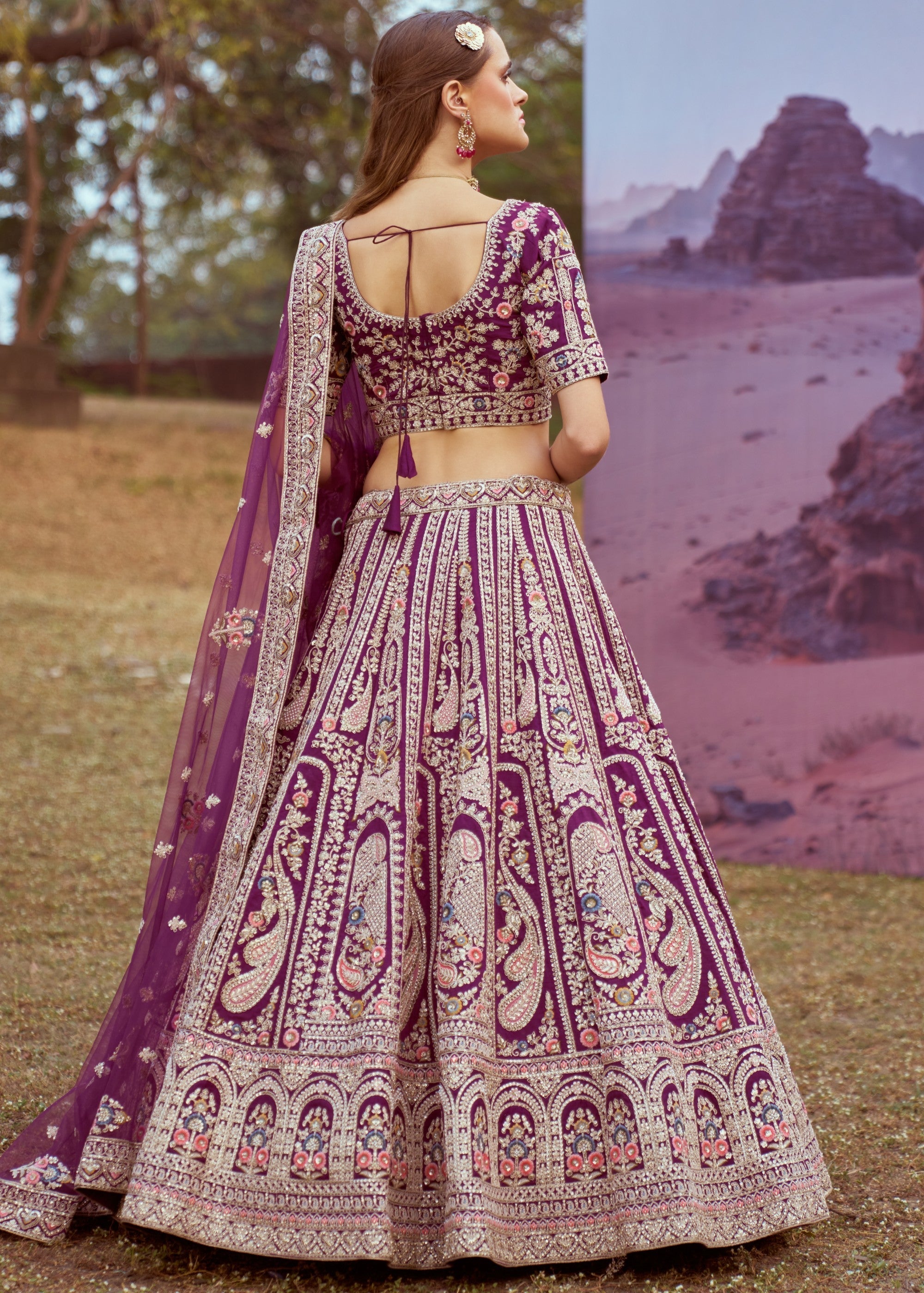 Dark Purple Pure silk Moti, Coding embroidery Bridal Lehenga | Ready To Wear - qivii