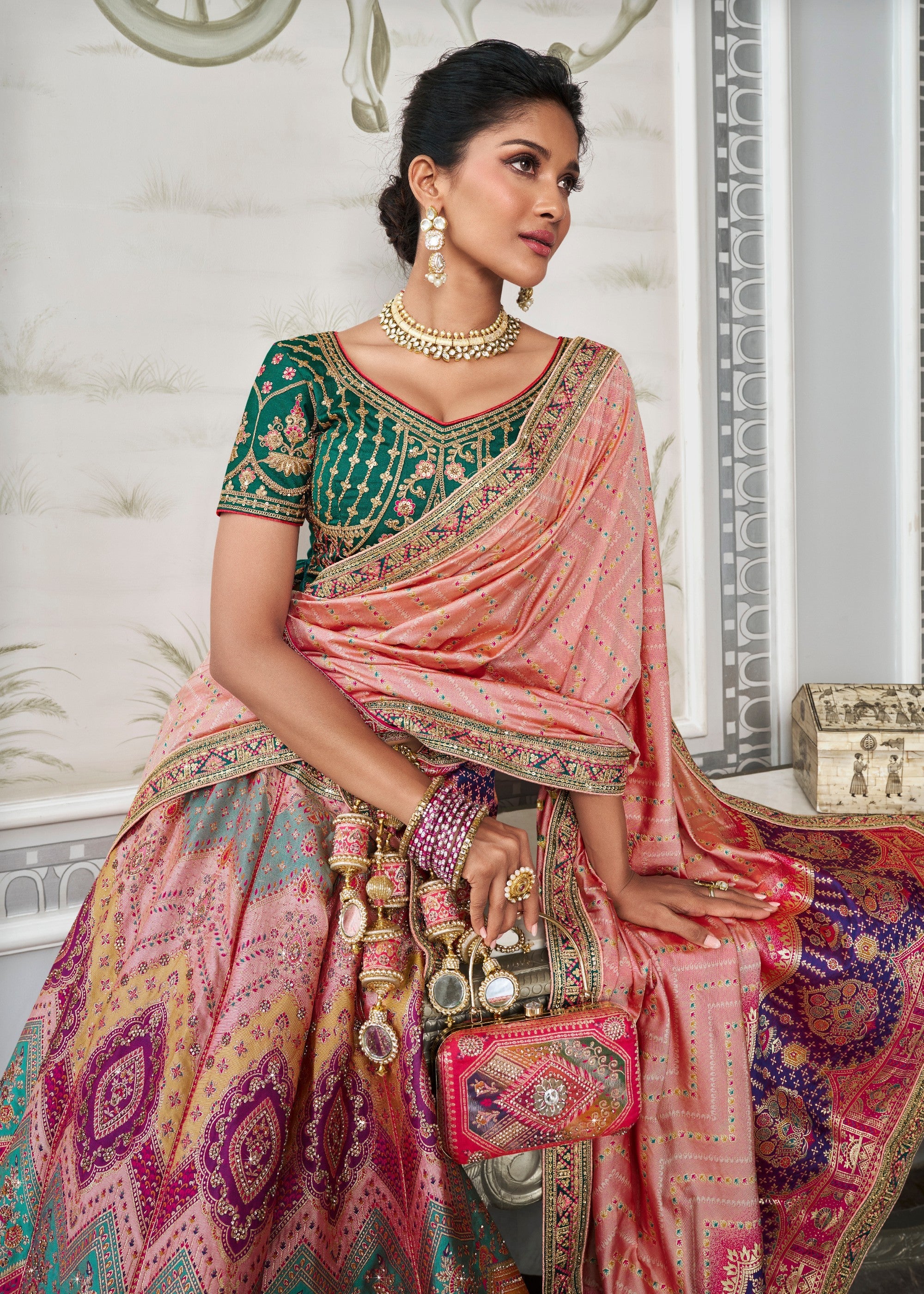 Green & Pink Banarasi Silk Lehenga with Zarkan Codding work | Ready To Wear - qivii