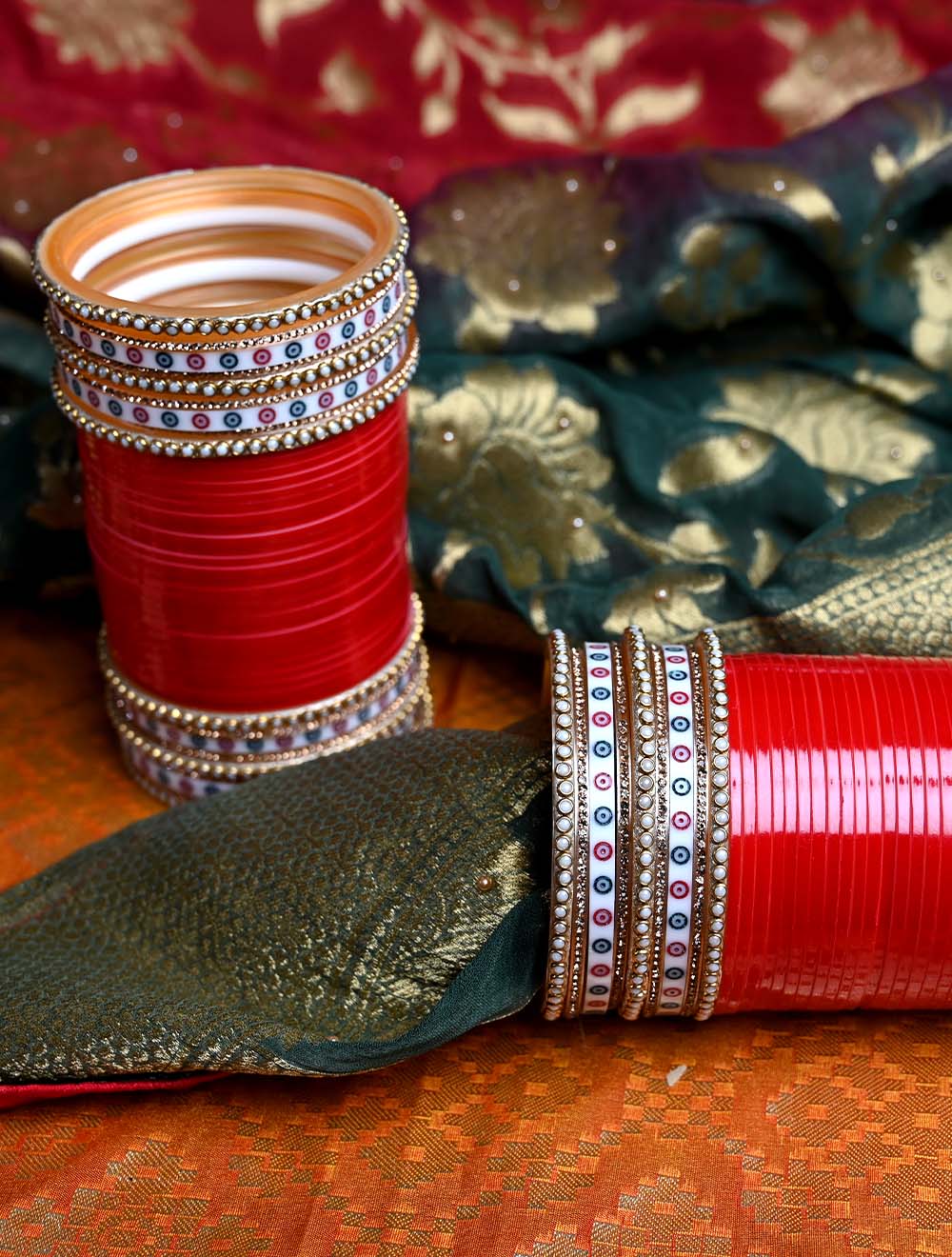 Lavanya Traditional Red Chura With Pearl Bangles And White Meenakari Bangle - qivii
