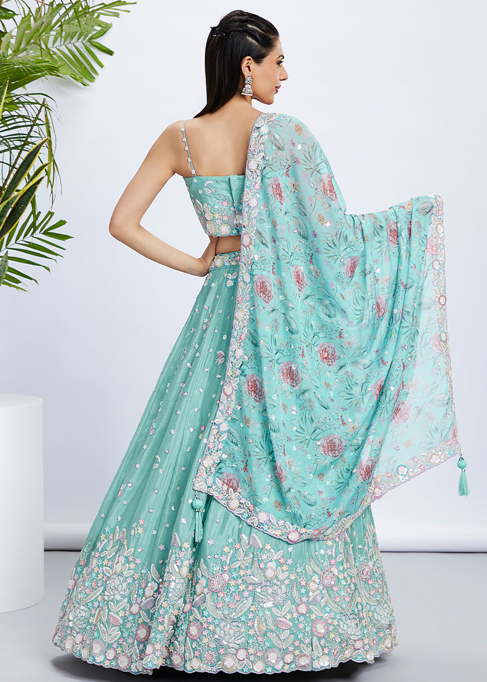 Blue Green Chiffon Lehenga Choli with Sequins & Thread Embroidery work | Ready To Wear - qivii