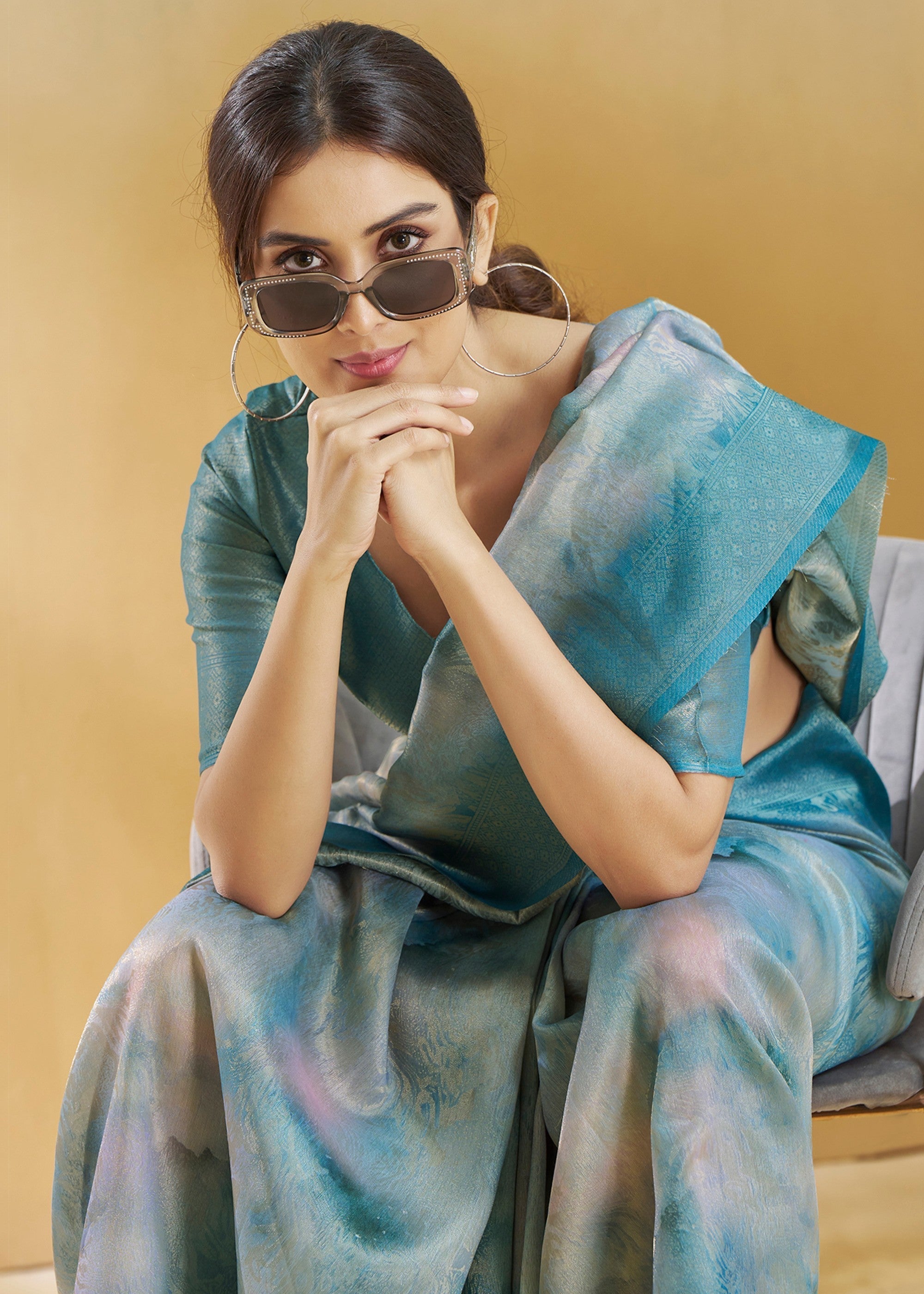 Ocean Blue Handloom Weaving Silk Saree - qivii