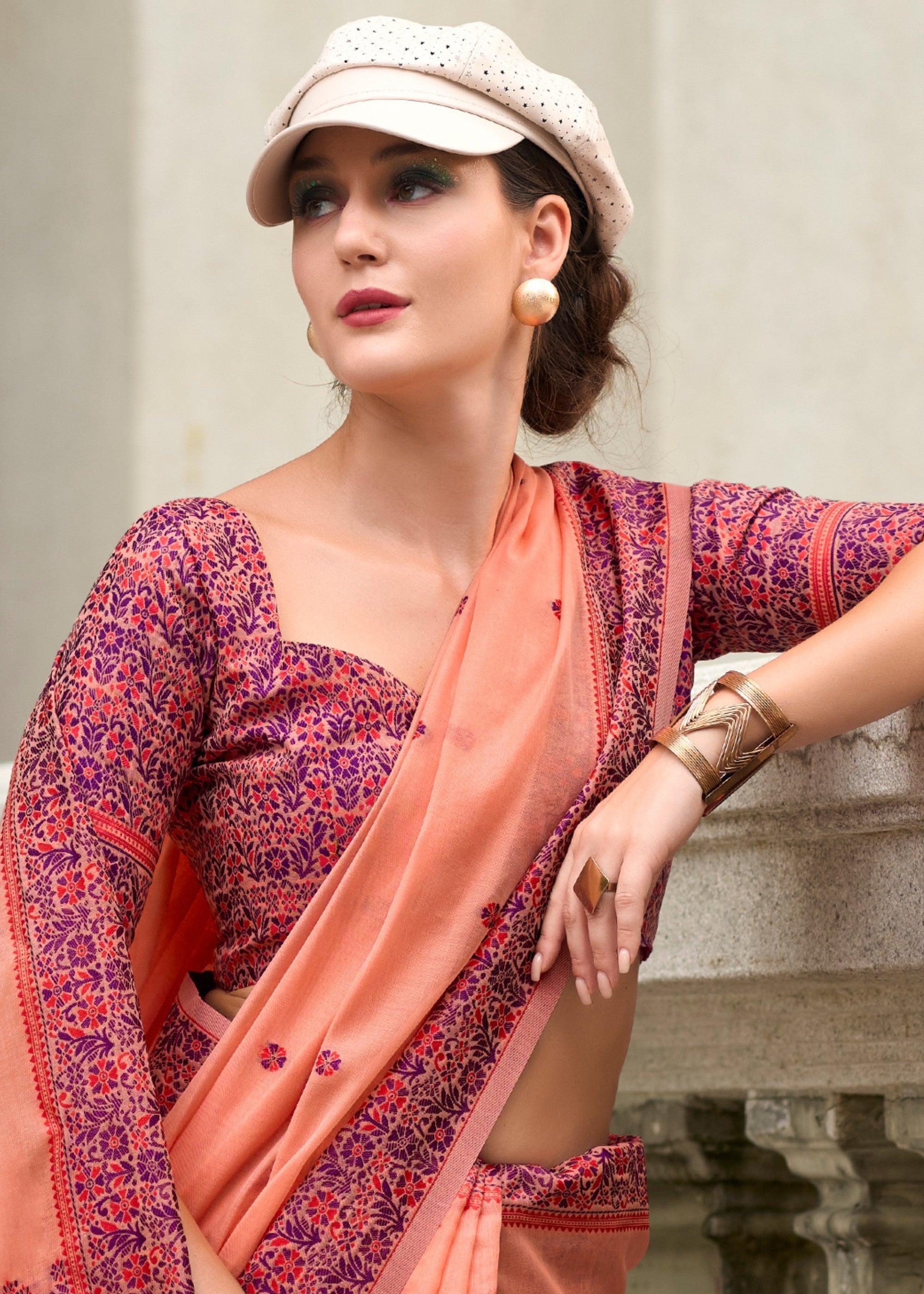 Coral Orange Soft Linen Cotton Silk Saree - qivii
