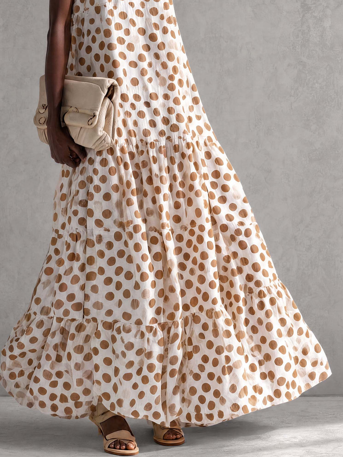 Fashionable Sophisticated Elegant Round Neck Sleeveless Polka Dot Printed Off-white Chiffon Vacation Maxi Dress - By Qivii