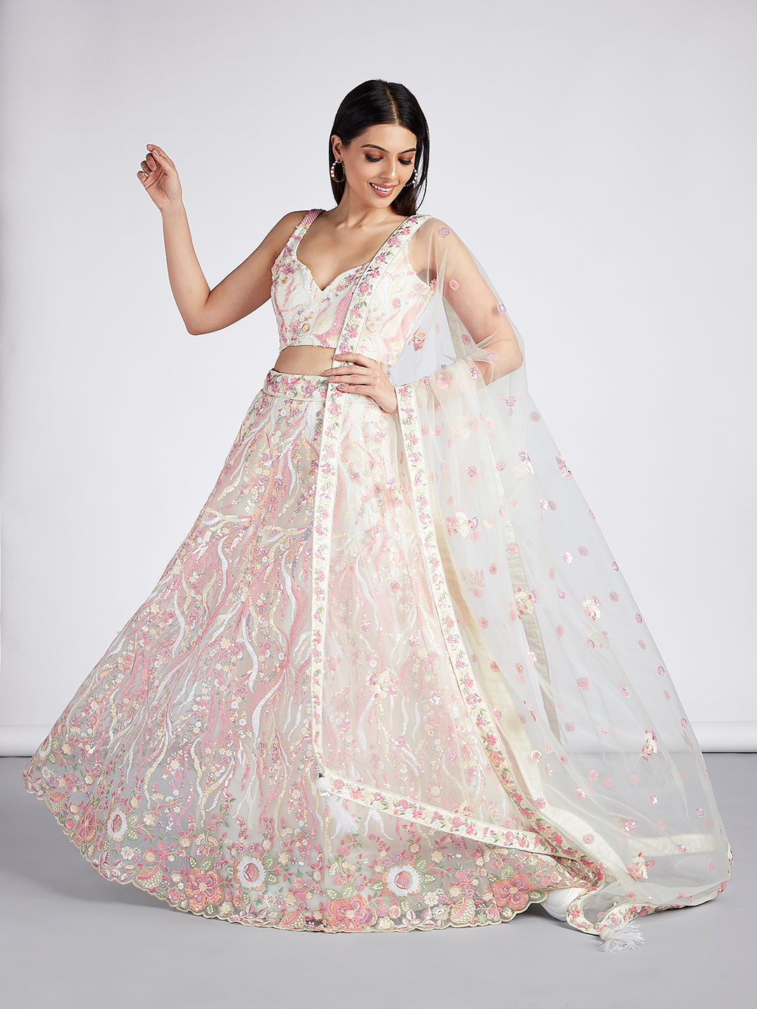 Cream - Multi-Sequins & Thread Work Embroidery Net Semi-Stitched Lehenga - qivii
