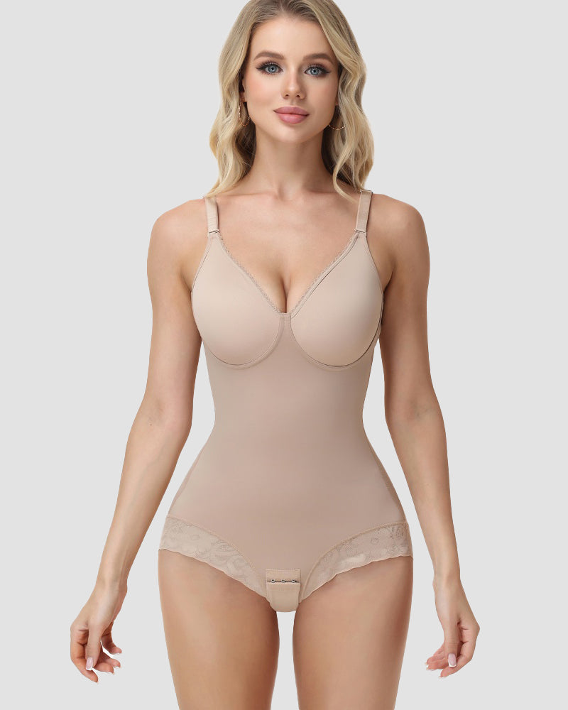 Shapshe® Lace Trimmed Built In Bra Tummy Tuck Shapewear Bodysuit
