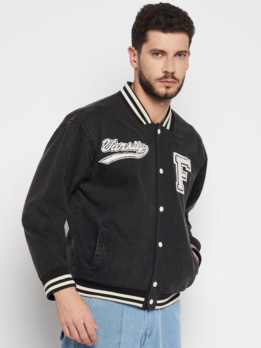 Grey Denim Varsity Jacket