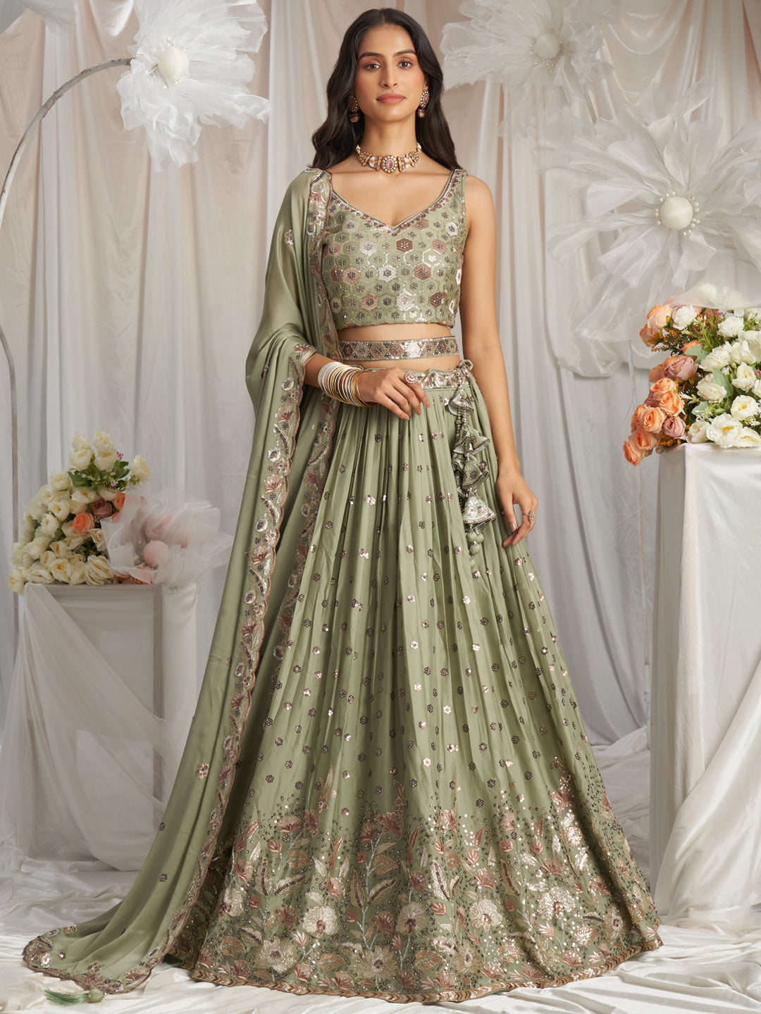 Limegreen - Golden Dull-Bright Sequin,Golden-Sliver Threaded Embroidered Georgette Semi-Stitched Lehenga choli - qivii