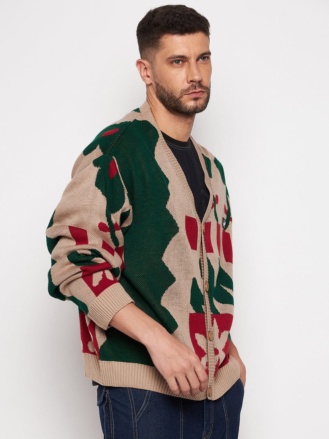 Beige Abstract Oversized Cardigan