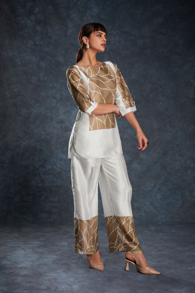 WHITE LINEN SATIN PRINTED TOP,PANT CO-ORD SET - qivii