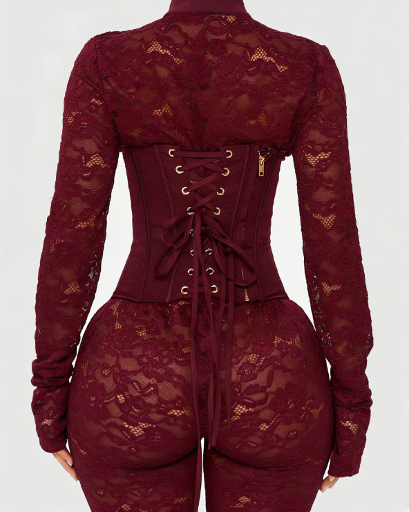 Lace Corset Long-sleeved Hourglass Jumpsuit - By Qivii