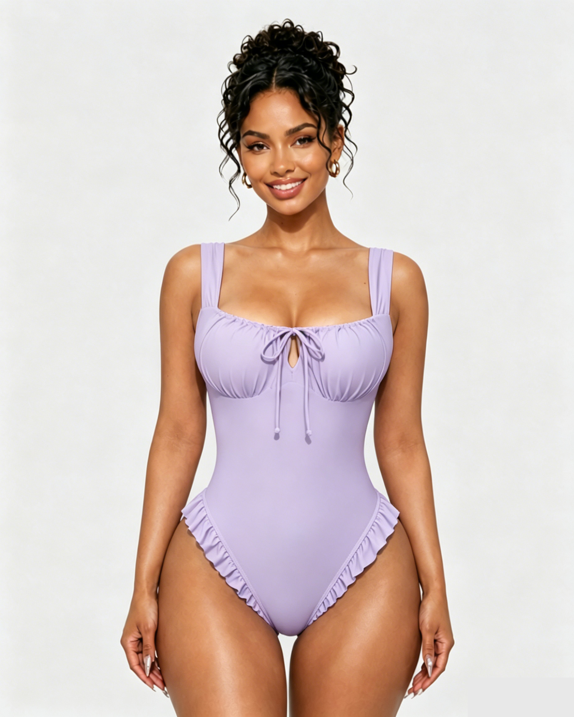 Square Neck Front Tie Ruffle Hem One Piece Swimsuit - By Qivii