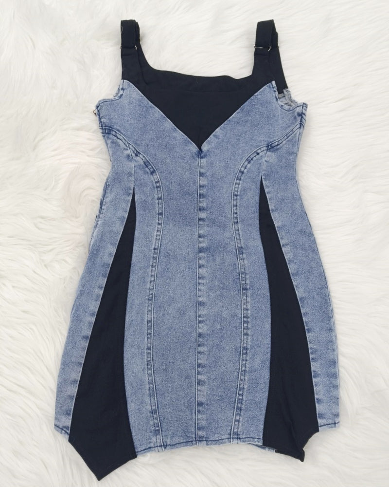 Contrast Color Suspenders Bodycon Mini Denim Dress - By Qivii
