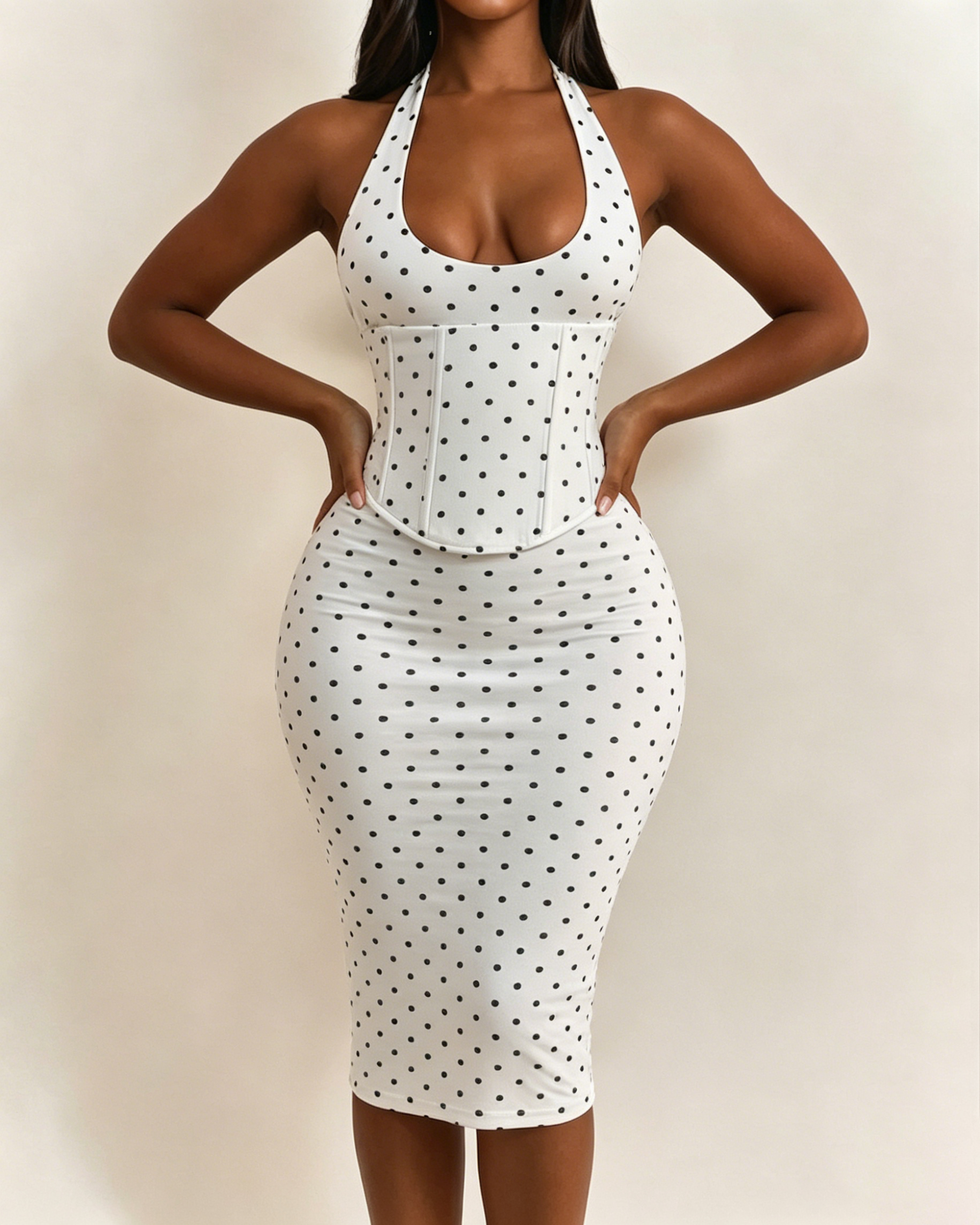 Polka Dot Corset Halter Midi Dress with Lace-Up Back - By Qivii