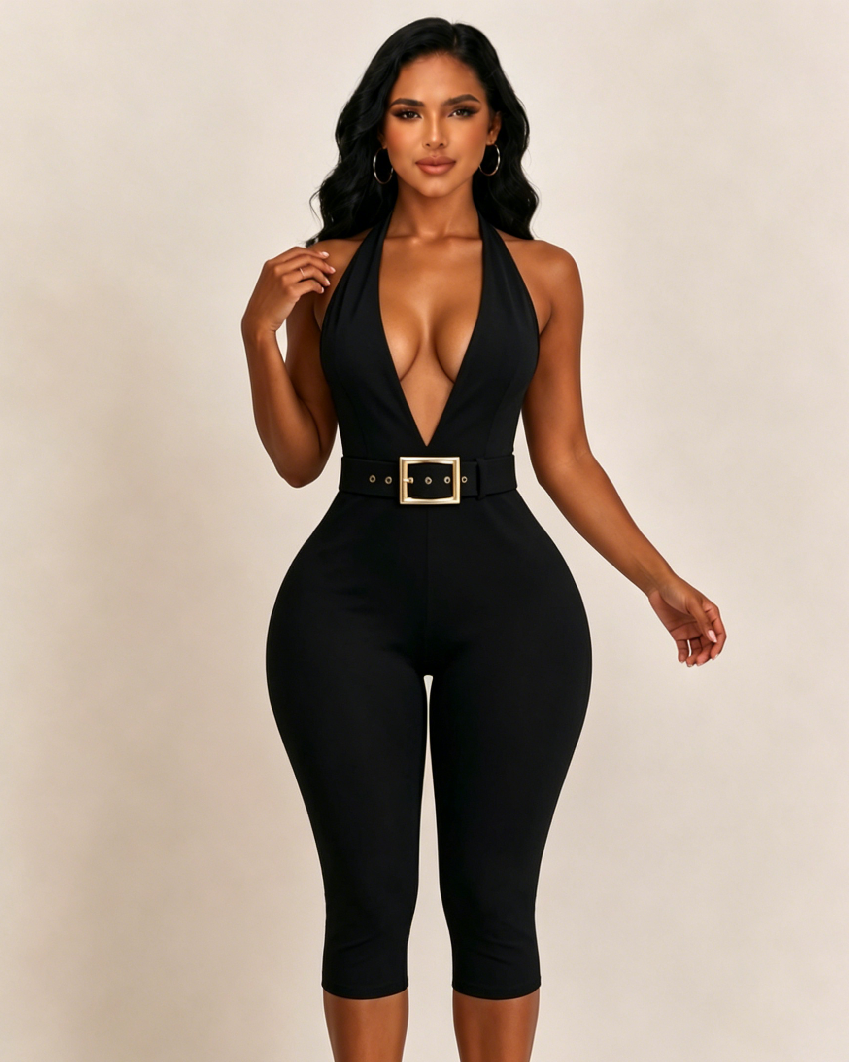 Black Deep V Halter Backless Capri Jumpsuit with Belt - By Qivii