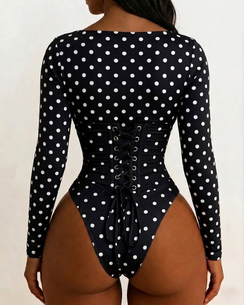 Polka Dot Square Neck Long Sleeve Bodysuit Detachable Corset Two Piece Set