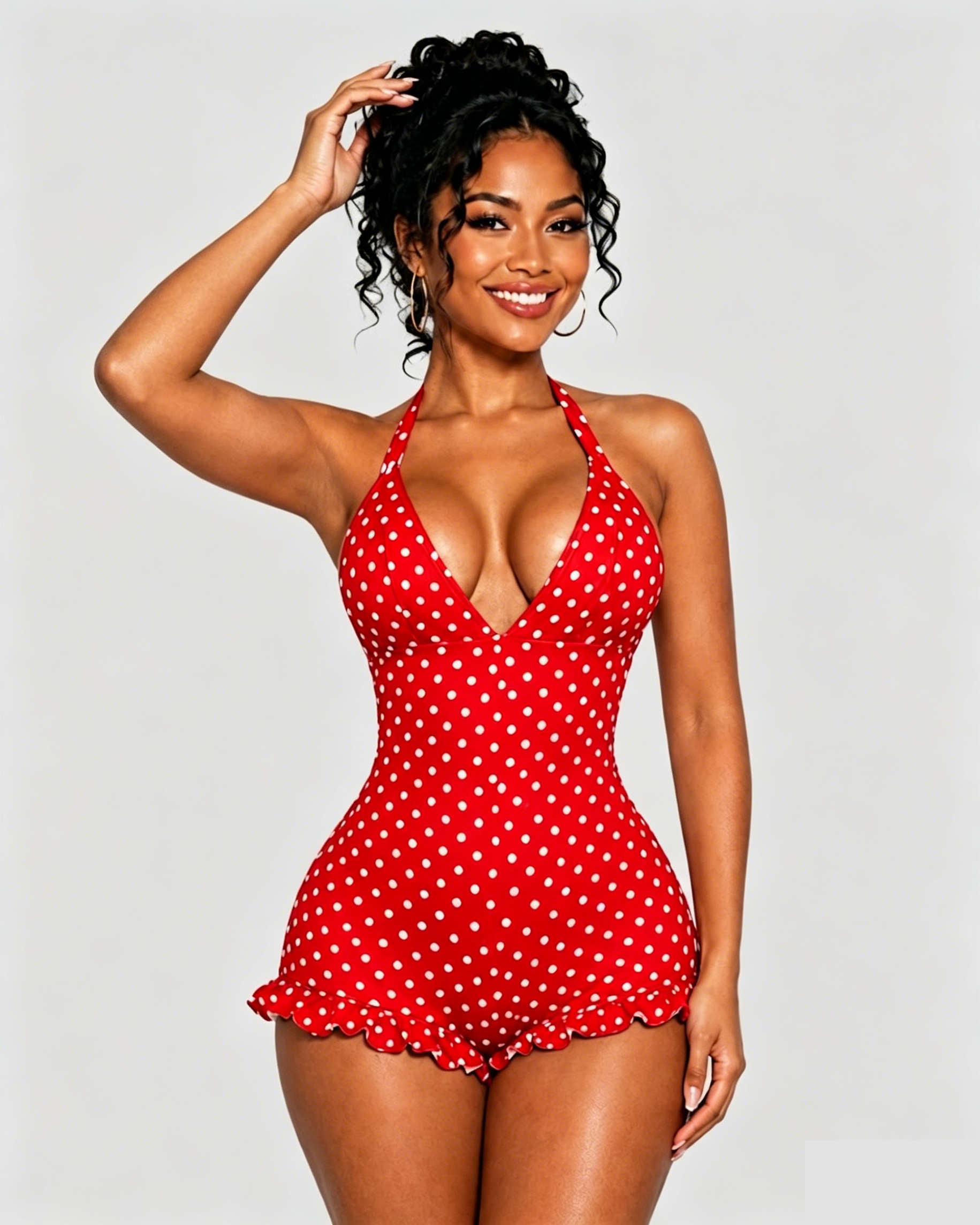 Polka Dot Halter Neck Ruffle Hem Romper - By Qivii