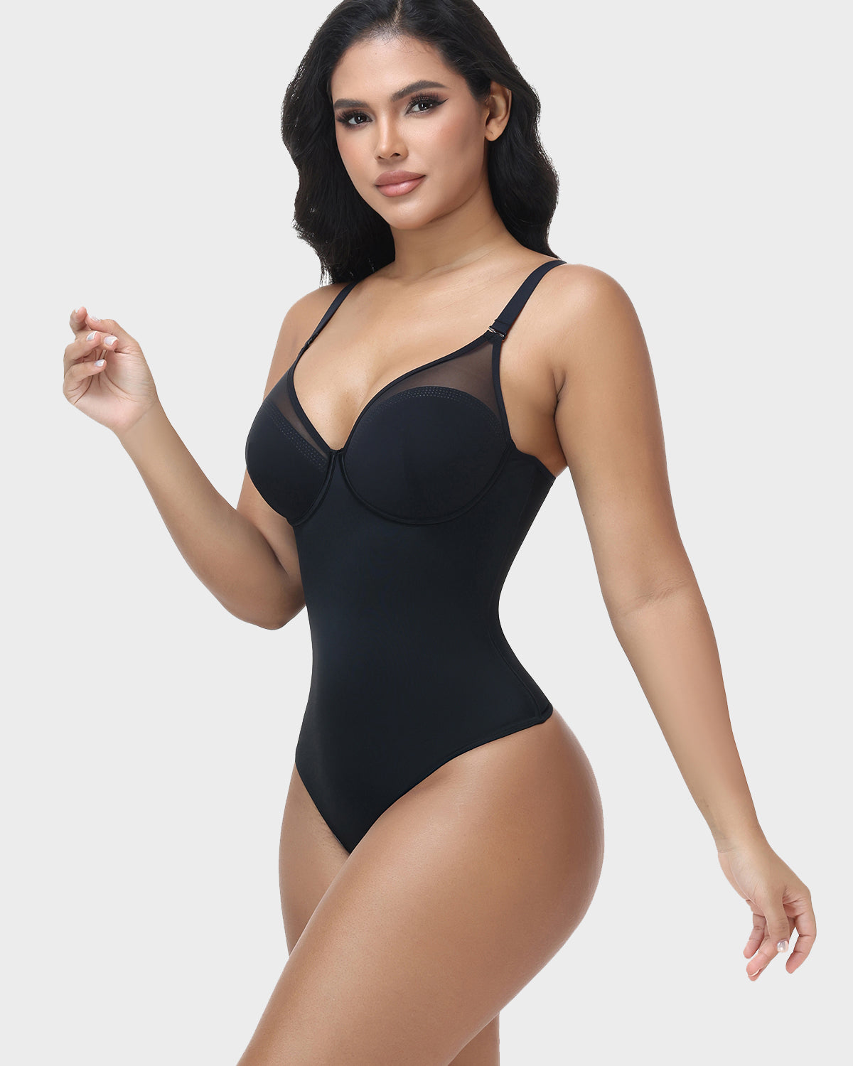 Mesh V Neck Thong Bodysuit Adjustable Straps Lace Up Back Tummy Control Shapewear