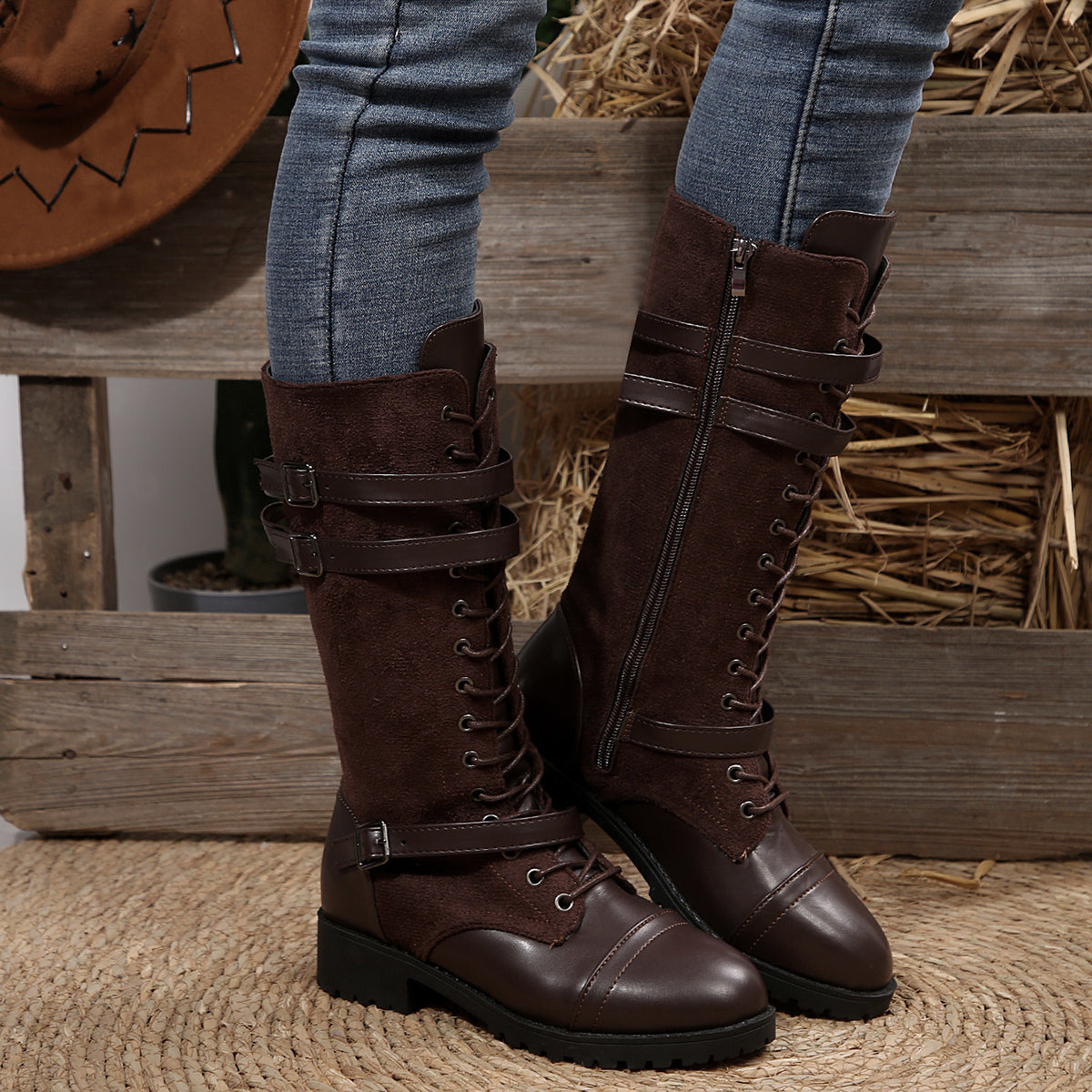 Women's Rogue Riding Boots - PU & Denim Lace-Up Combat Boots (US 5-10.5)