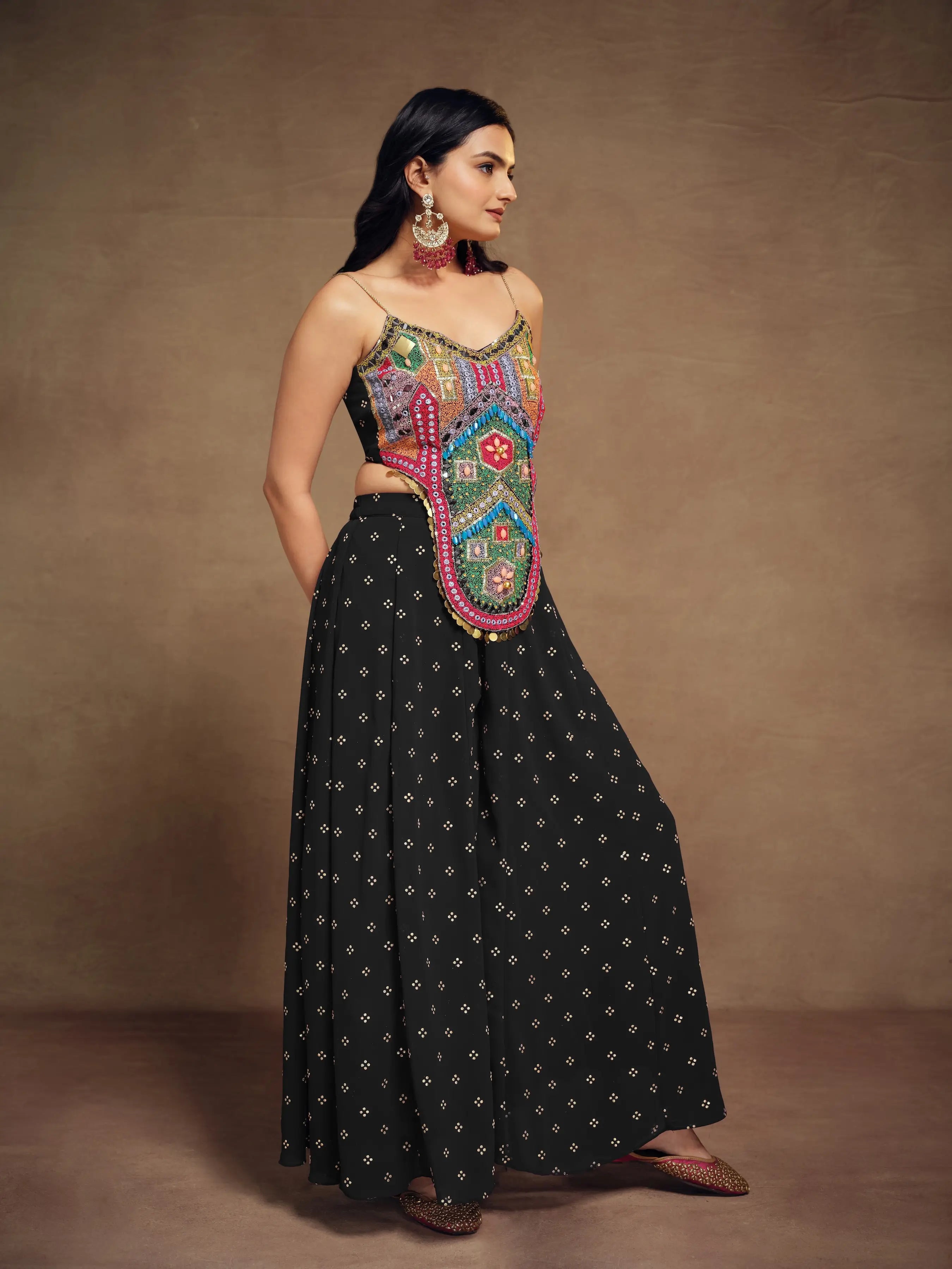 Black Silk With Handwork Co-ord Set - qivii