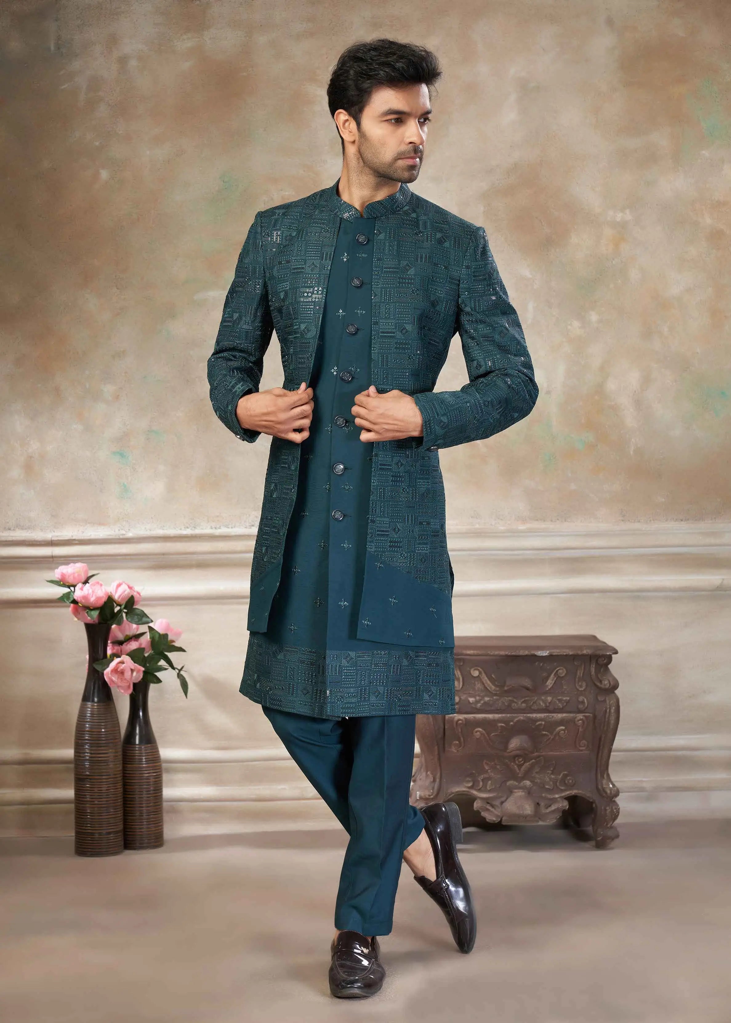Teal Blue Sequins Embroidery Work Indo Western