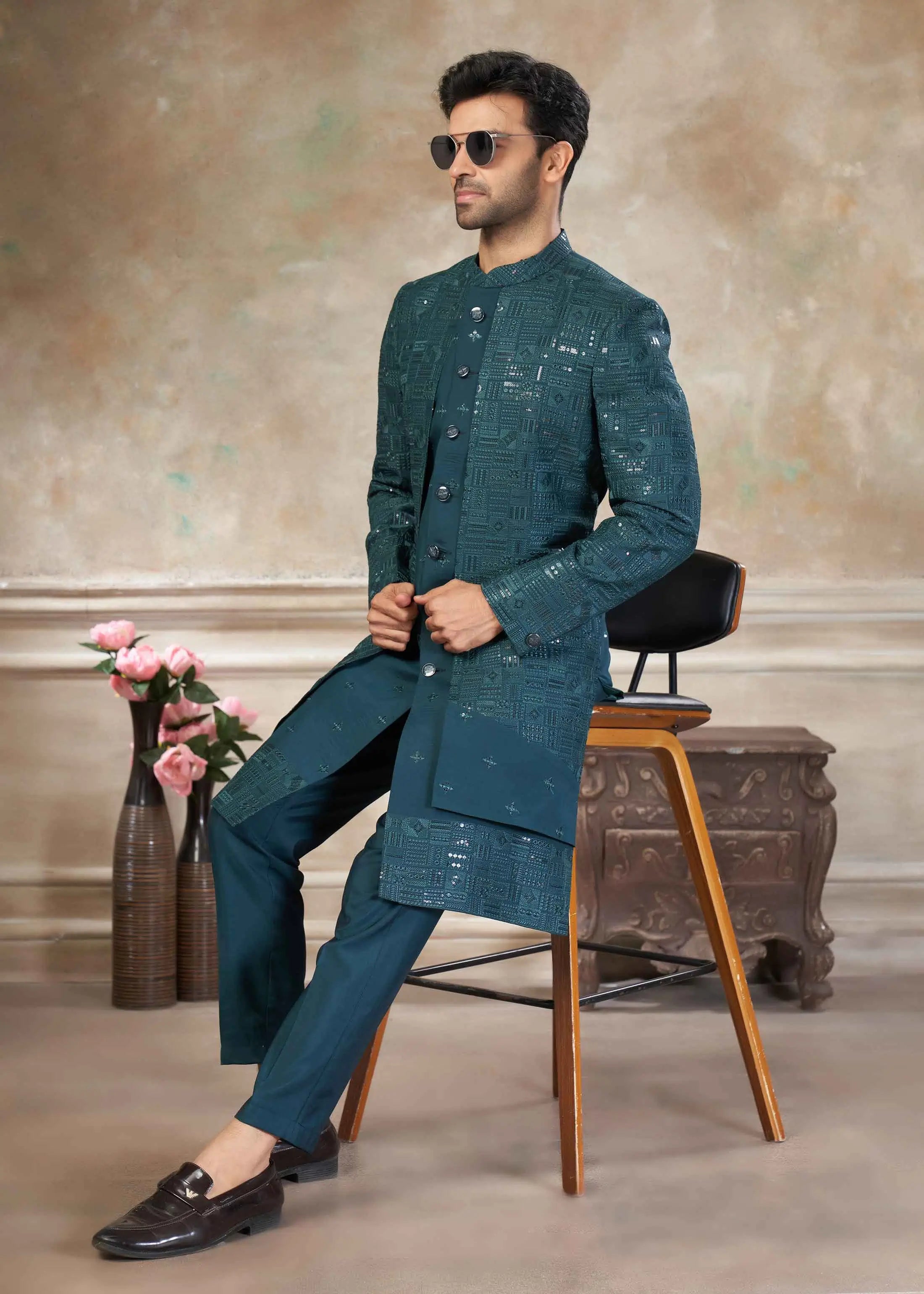 Teal Blue Sequins Embroidery Work Indo Western