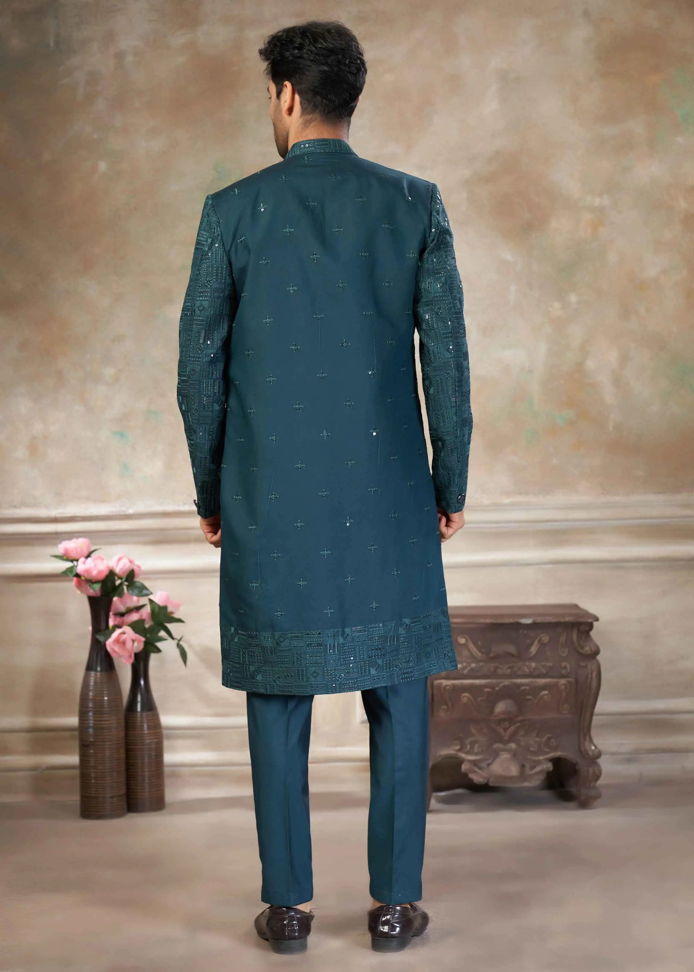 Teal Blue Sequins Embroidery Work Indo Western